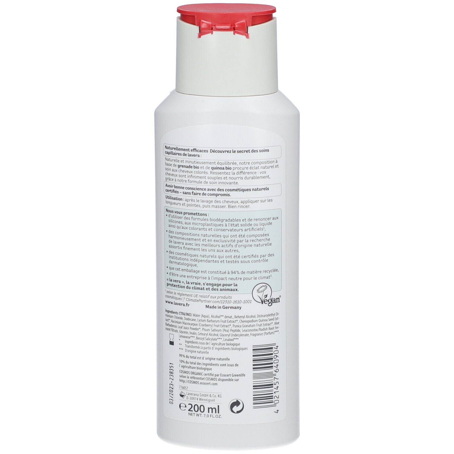 Weiße Flasche mit rotem Deckel. Rückseite mit Text und Logo. Vegan-Siegel. 200 ml.