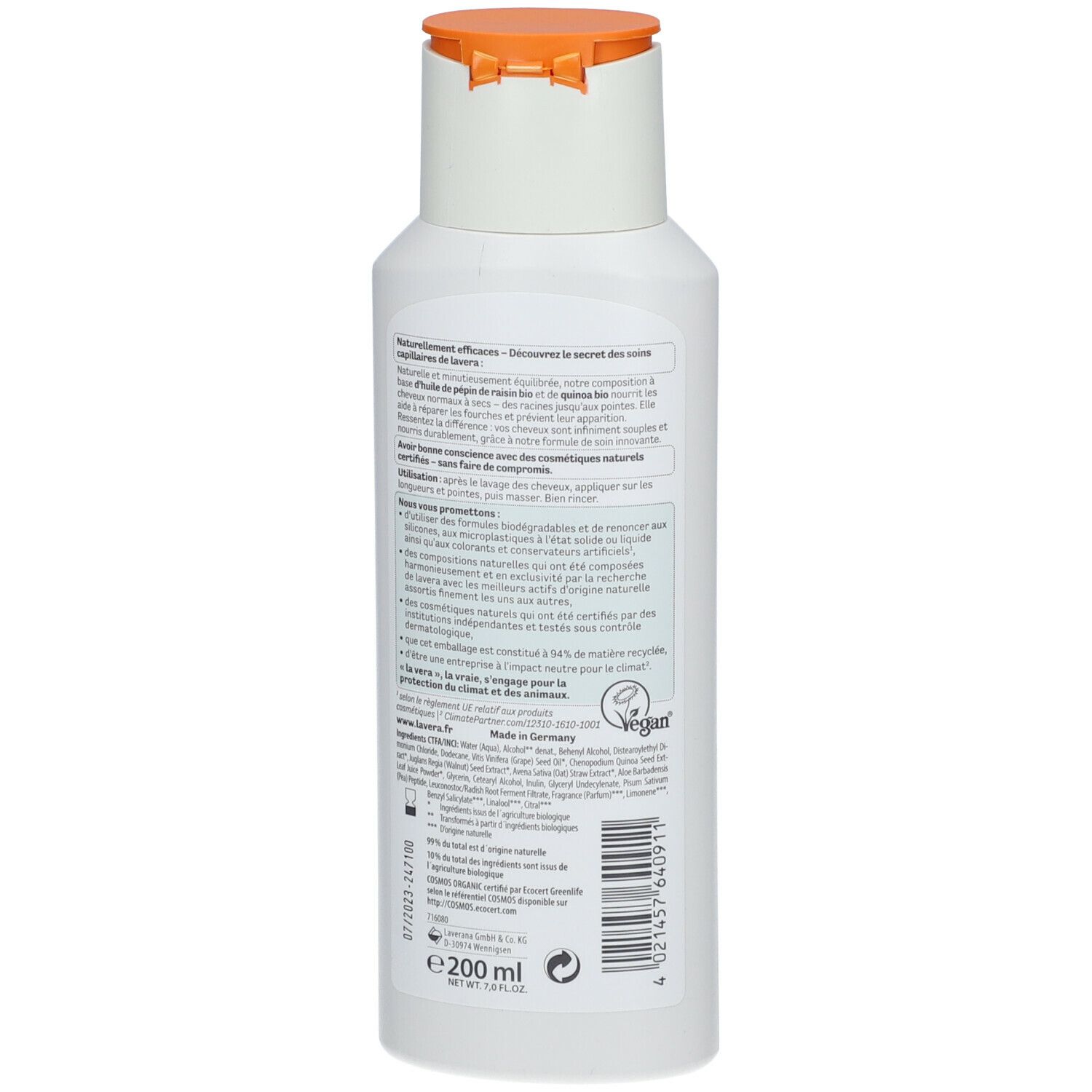 Weiße Flasche mit orangefarbenem Deckel. Aufschrift und Vegan-Siegel. Volumen: 200 ml.