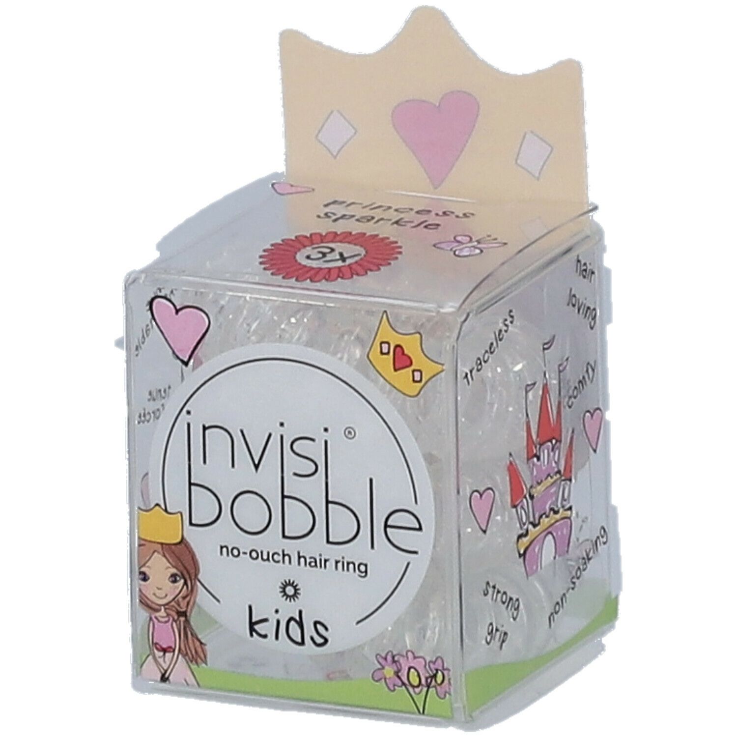Transparente Haargummis in einer Verpackung. Aufdruck: invisibobble® Kids, Princess Sparkle. Mit Kronen-Design.
