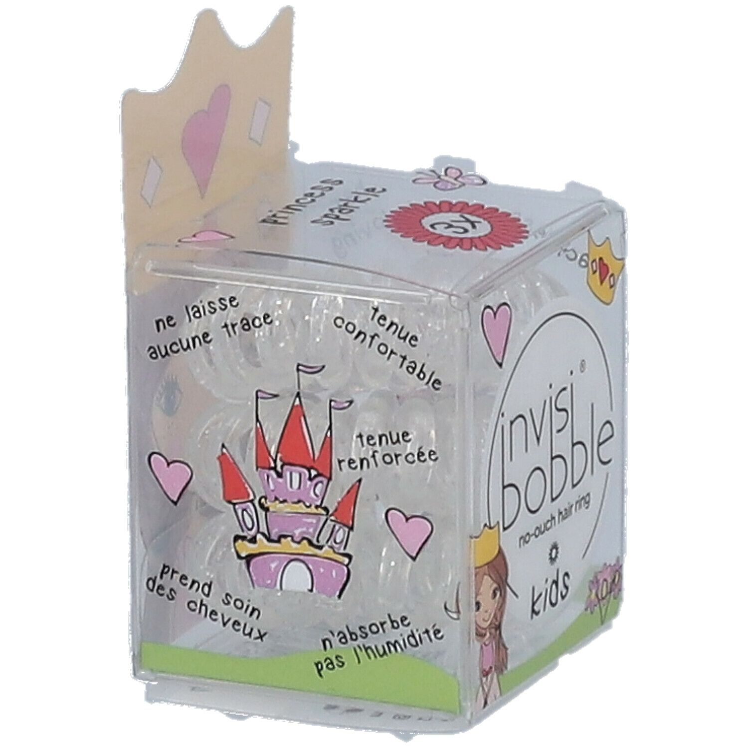 Transparente Haargummis in einer Verpackung. Aufdruck: invisibobble® Kids, Princess Sparkle. Mit Kronen-Design.