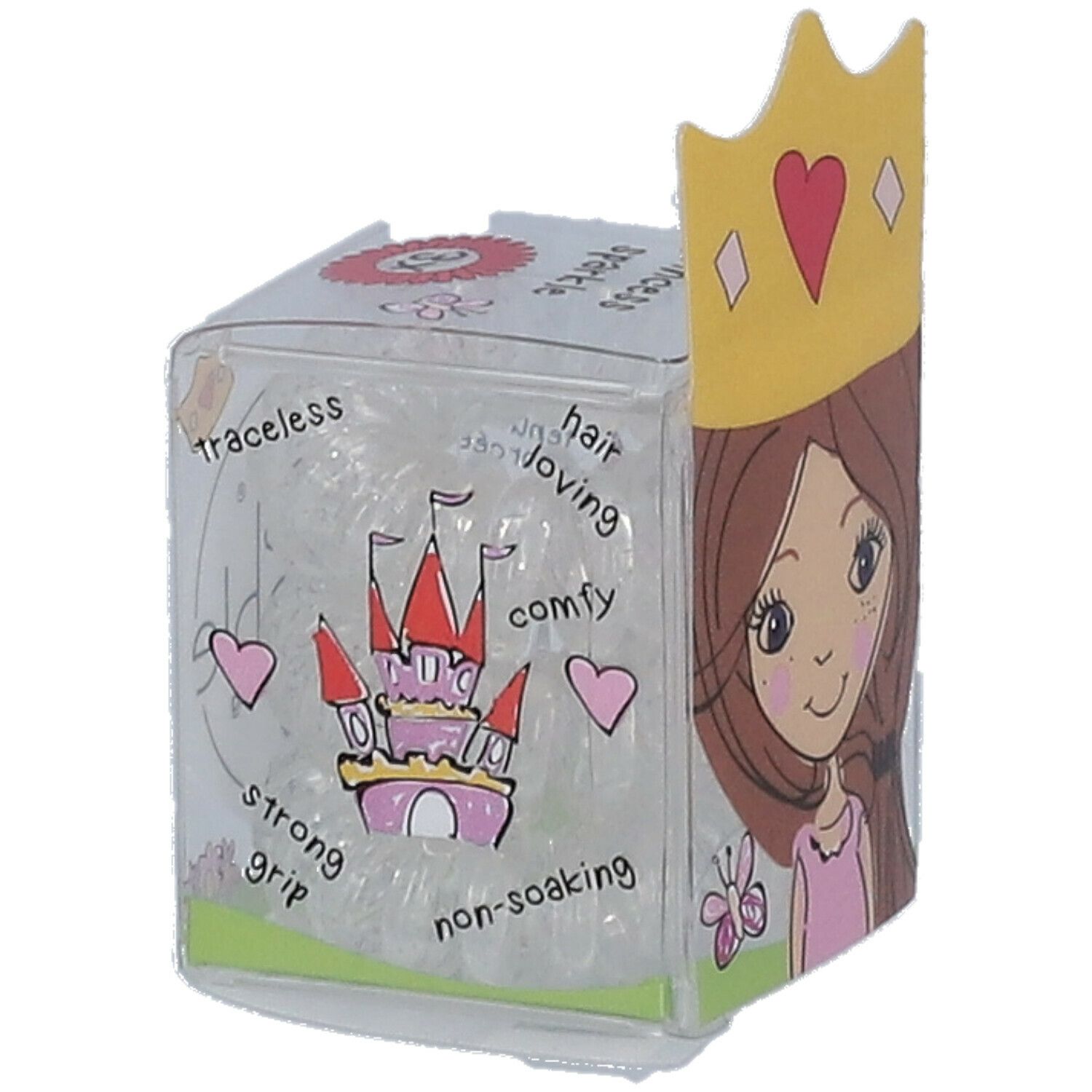 Transparente Haargummis in einer Verpackung. Aufdruck: invisibobble® Kids, Princess Sparkle. Mit Kronen-Design.