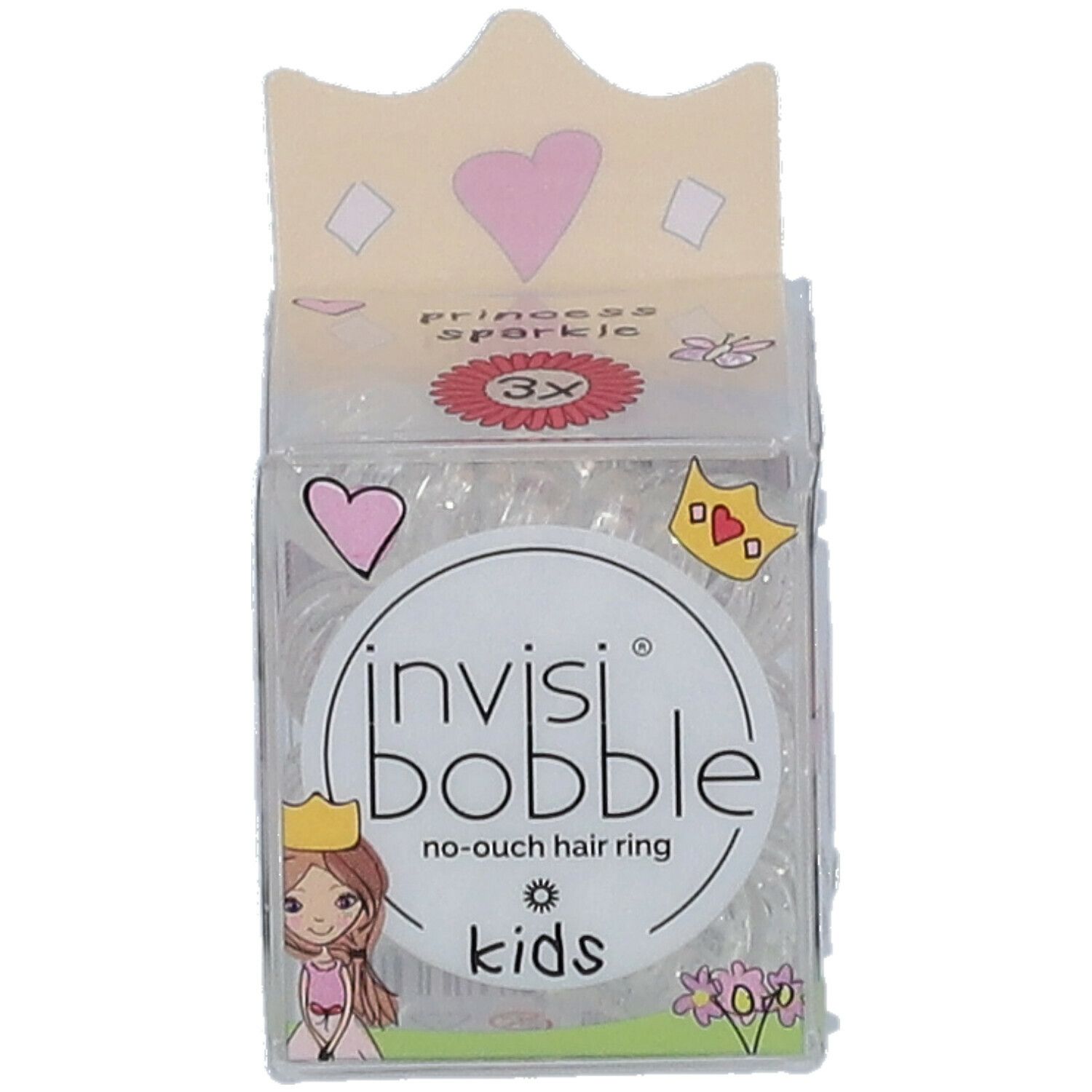 Transparente Haargummis in einer Verpackung. Aufdruck: invisibobble® Kids, Princess Sparkle. Mit Kronen-Design.