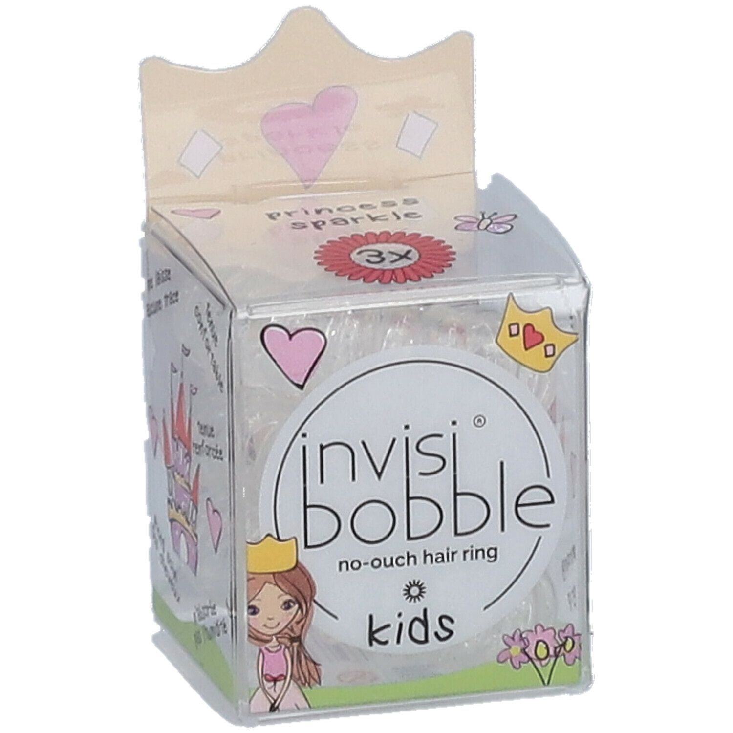 Transparente Haargummis in einer Verpackung. Aufdruck: invisibobble® Kids, Princess Sparkle. Mit Kronen-Design.