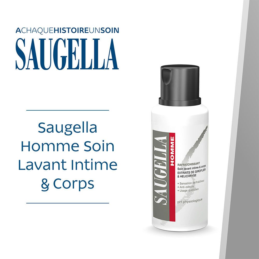 Saugella - Homme – Soin Lavant Intime & Corps spécial hygiène masculine – Lutte contre les Odeurs Indésirables - Hélichryse et giroflier – 200ml
