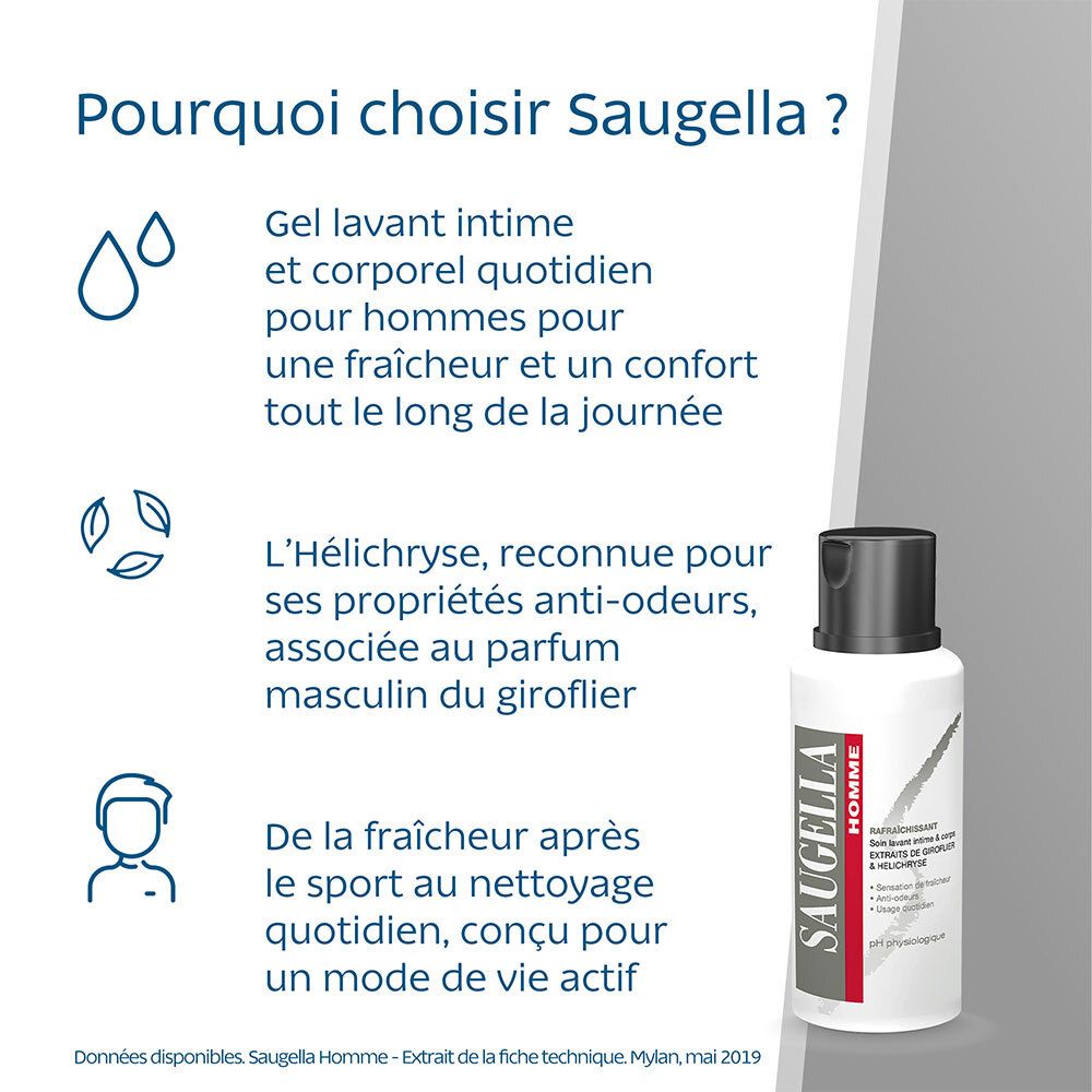 Saugella - Homme – Soin Lavant Intime & Corps spécial hygiène masculine – Lutte contre les Odeurs Indésirables - Hélichryse et giroflier – 200ml