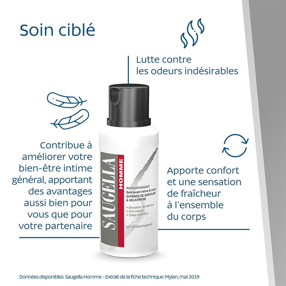 Saugella - Homme – Soin Lavant Intime & Corps spécial hygiène masculine – Lutte contre les Odeurs Indésirables - Hélichryse et giroflier – 200ml