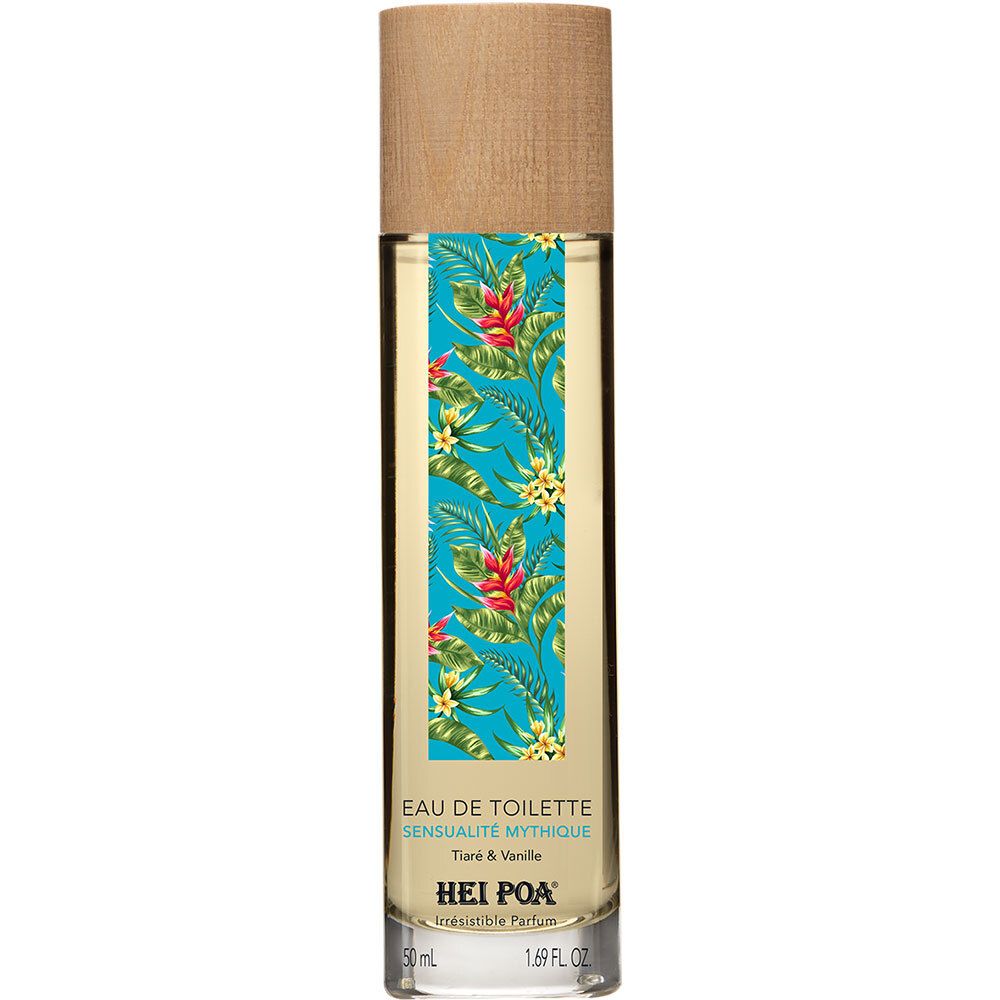 Zylindrische Flasche mit Holzdeckel. Aufkleber mit floralem Muster und Produktnamen. Klarer Inhalt. Marke: HEI POA®.