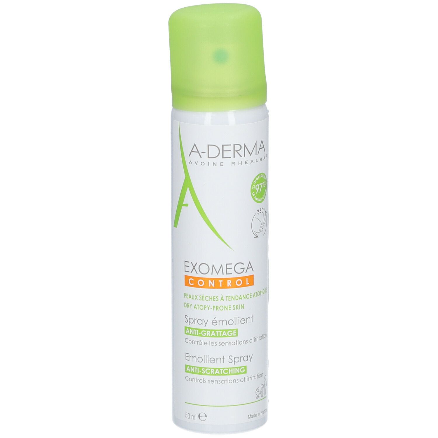 A-DERMA Exomega Control Spray. Weiße Flasche mit grünem Deckel. Text: EXOMEGA CONTROL, Spray émollient, Anti-Juckreiz.