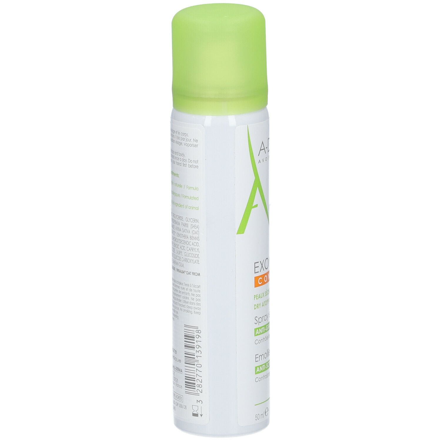A-DERMA Exomega Control Spray. Rückseite der Flasche. Text und Barcode. Grüner Deckel. Weiße Flasche.