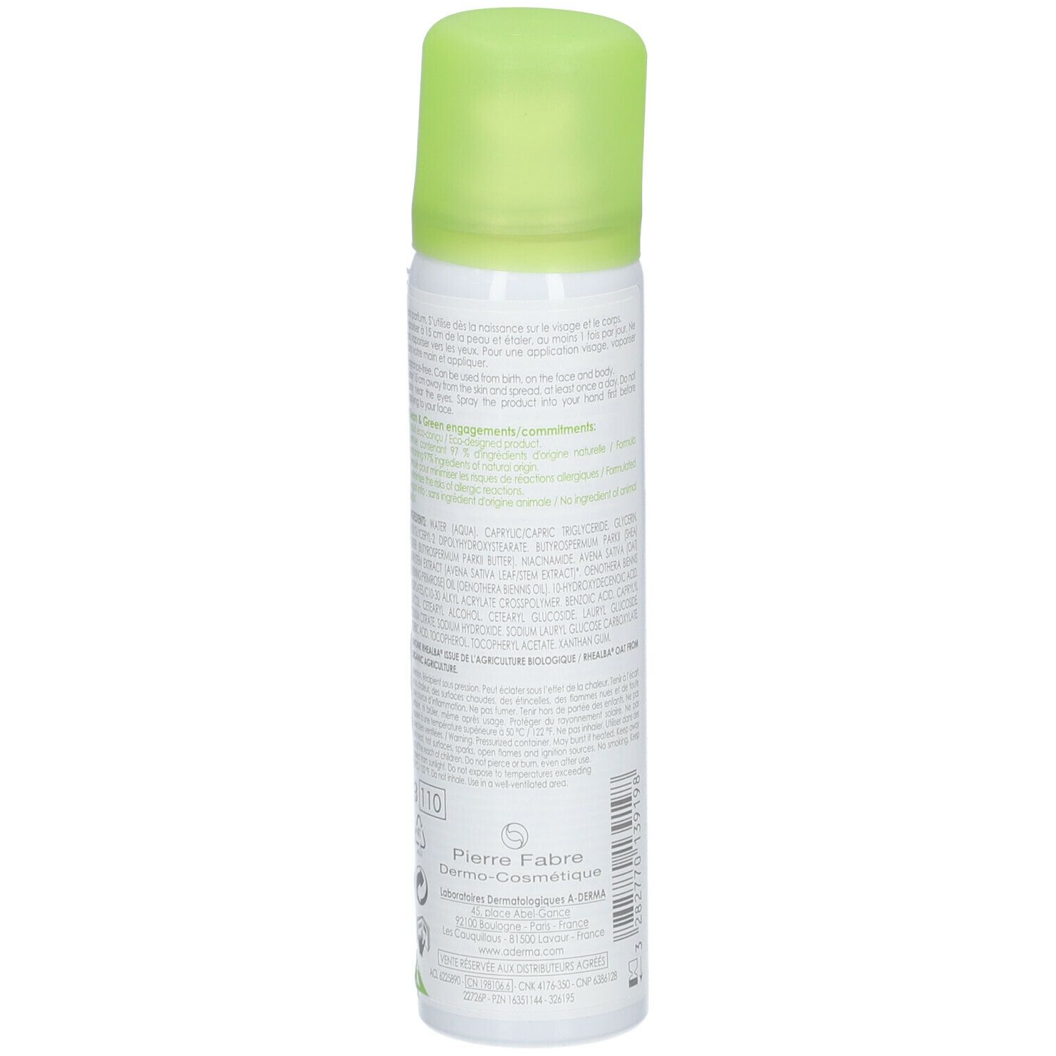 A-DERMA Exomega Control Spray. Rückseite der Flasche. Text. Grüner Deckel. Weiße Flasche.