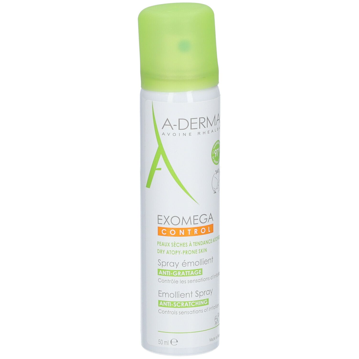 A-DERMA Exomega Control Spray. Weiße Flasche mit grünem Deckel. Text: EXOMEGA CONTROL, Spray émollient, Anti-Juckreiz.