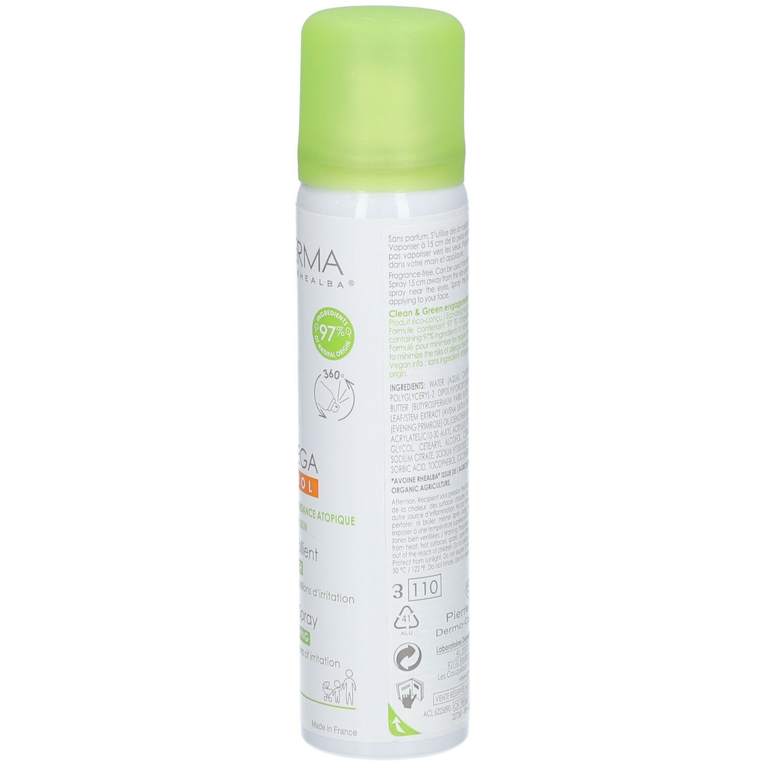 A-DERMA Exomega Control Spray. Rückseite der Flasche. Text und Logos. Grüner Deckel. Weiße Flasche.