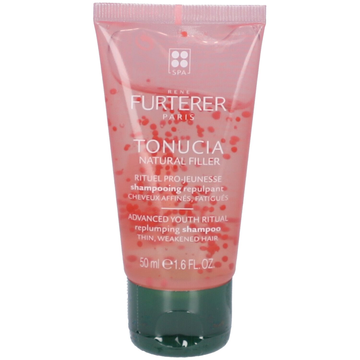 Tube rose de shampooing. Billes rouges dans gel. Bouchon vert. Inscription TONUCIA, 50 ml.