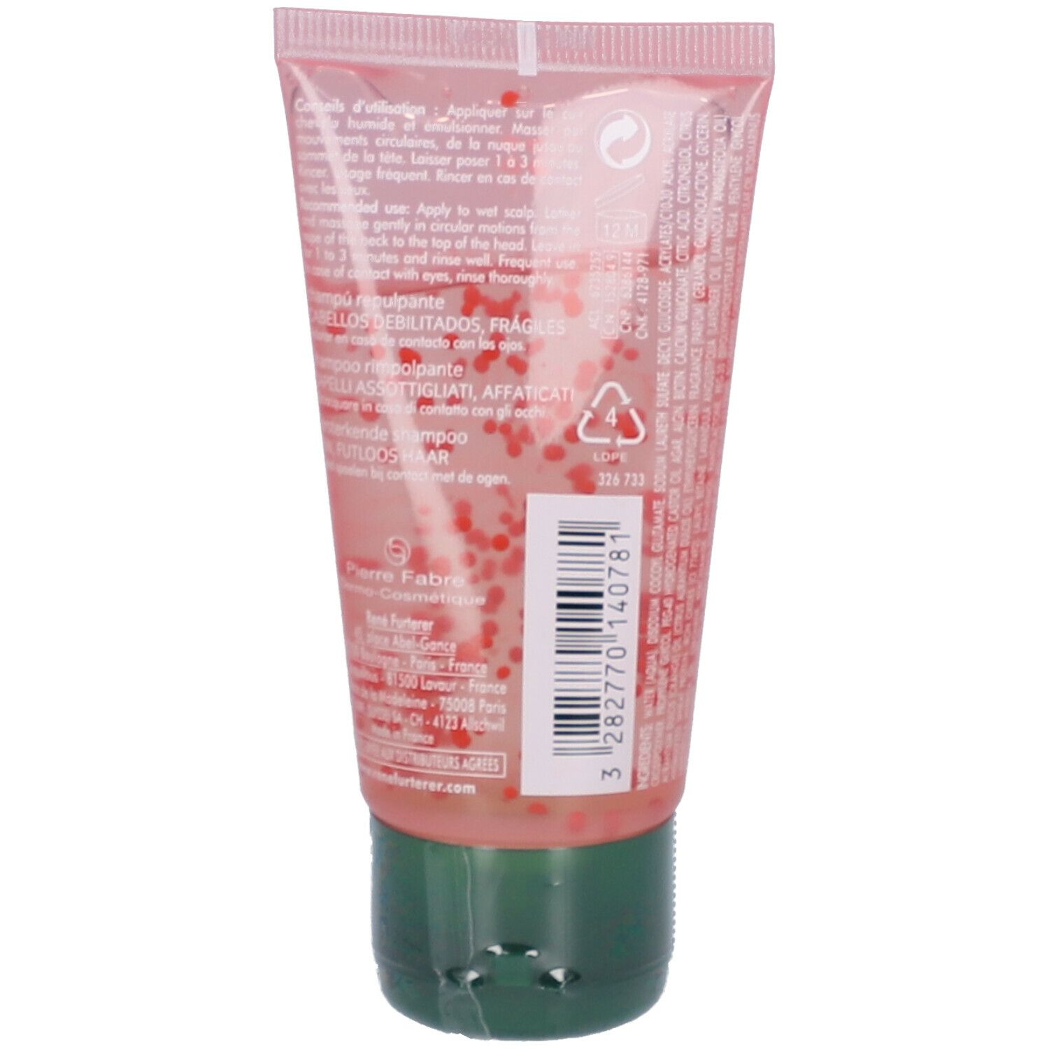 Dos du tube de shampooing. Texte et informations. Symbole de recyclage.