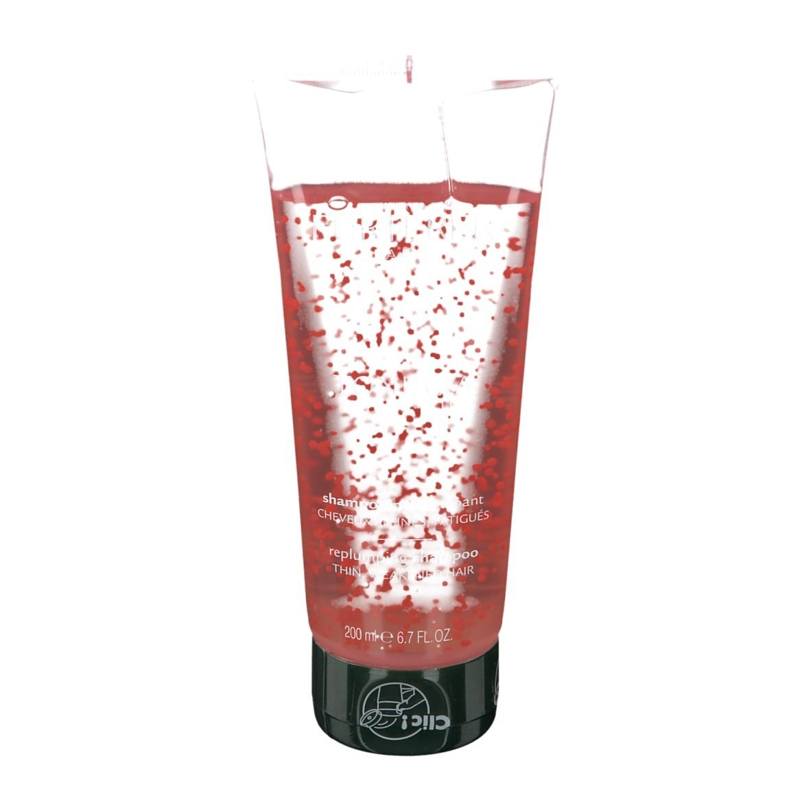 Tube transparent avec liquide rouge et billes rouges. Bouchon noir. Texte: 200 ml 6.7 FL OZ.