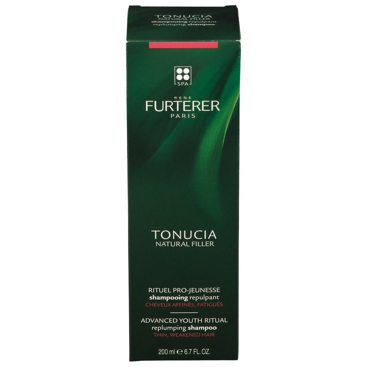 Boîte verte. Texte: RENE FURTERER PARIS, TONUCIA NATURAL FILLER. Bande rouge en haut.