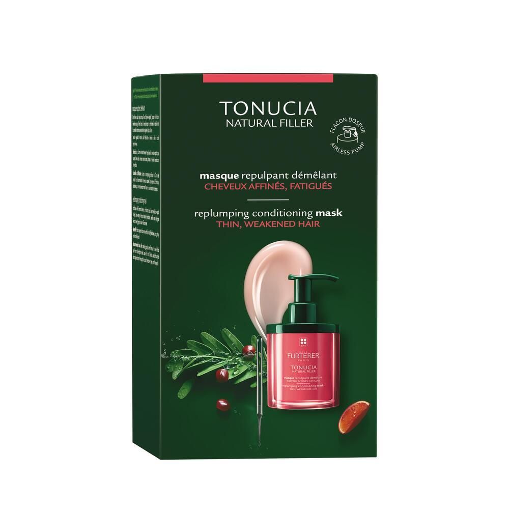 Emballage avec flacon et illustration du produit. Inscription: TONUCIA Natural Filler. Masque pour cheveux fins, fatigués.