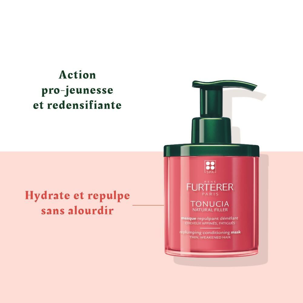 Flacon rouge avec pompe verte. Inscription: TONUCIA Natural Filler. Hydrate et repulpe sans alourdir.