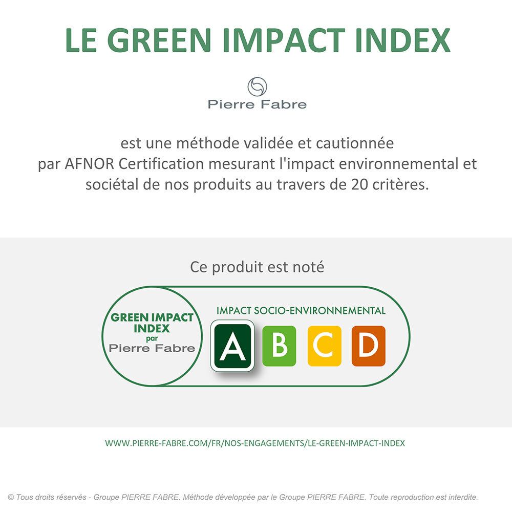 Infografik mit dem Titel „LE GREEN IMPACT INDEX“. Zeigt eine Bewertungsskala von A bis D.
