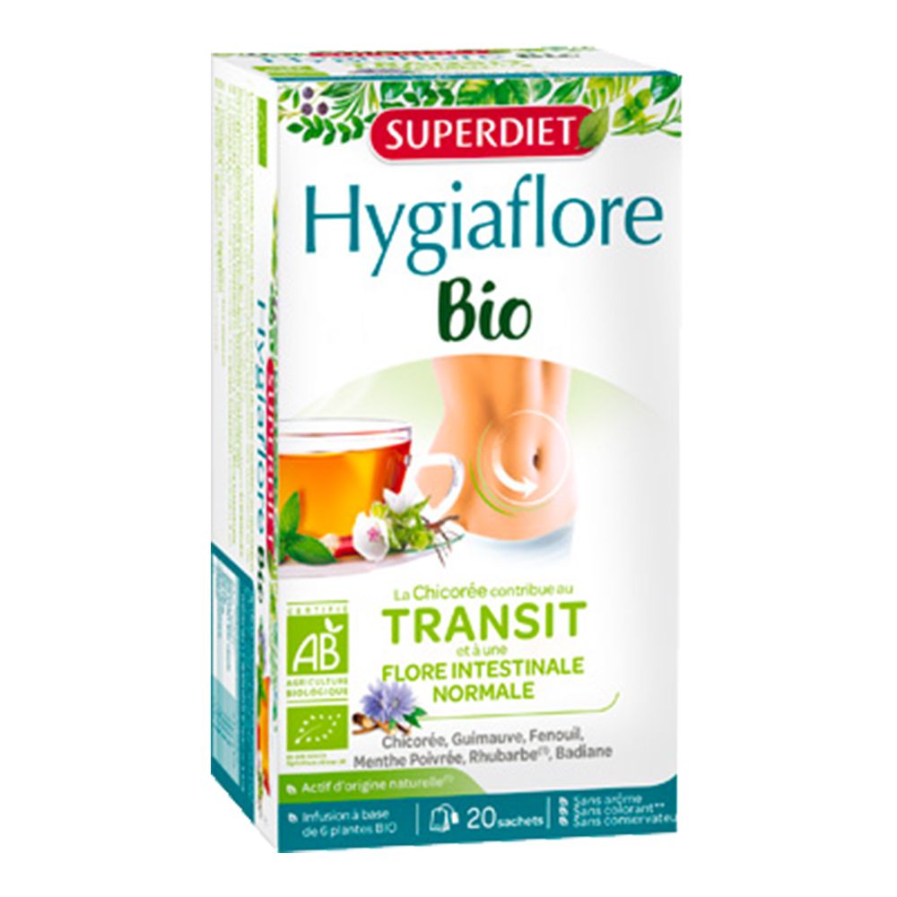 Boîte Hygiaflore Bio Superdiet. 20 sachets. Certification AB. Visuel d'une tasse de thé et d'un ventre. Transit intestinal.