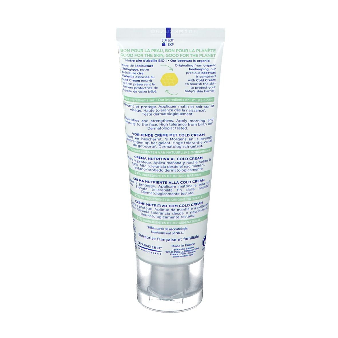 Rückseite der Mustela Creme-Tube. Text in mehreren Sprachen. Grün-weißes Design. Informationen über Inhaltsstoffe und Anwendung.