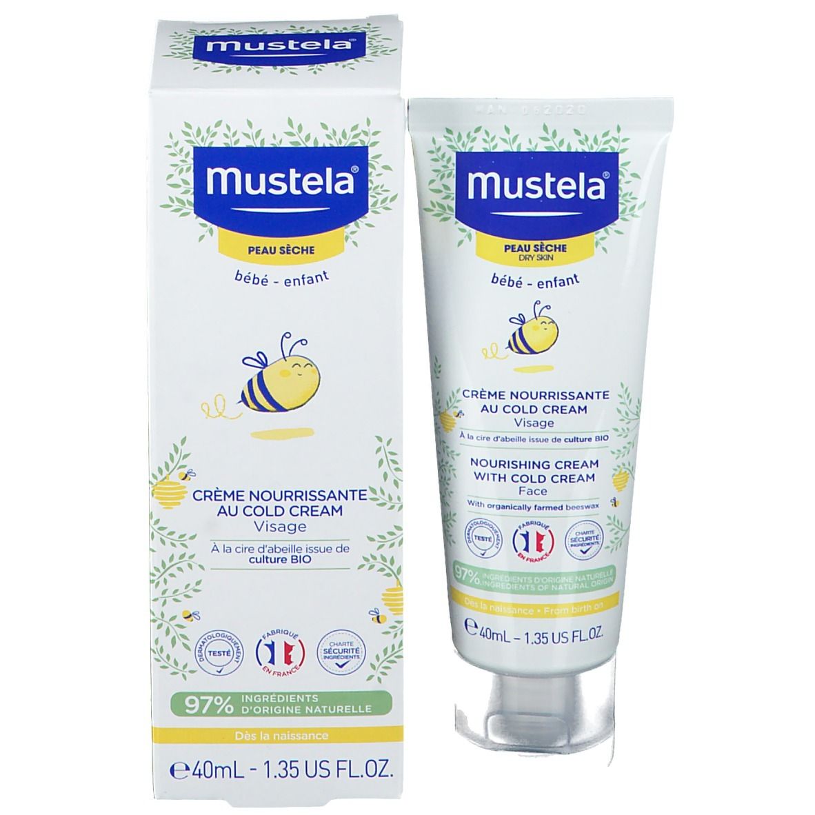 Mustela Creme-Tube und Schachtel. Trockene Haut. Baby-Kind. Creme mit Cold Cream. 40ml. Gelb-weißes Design mit Logo und Illustrationen.