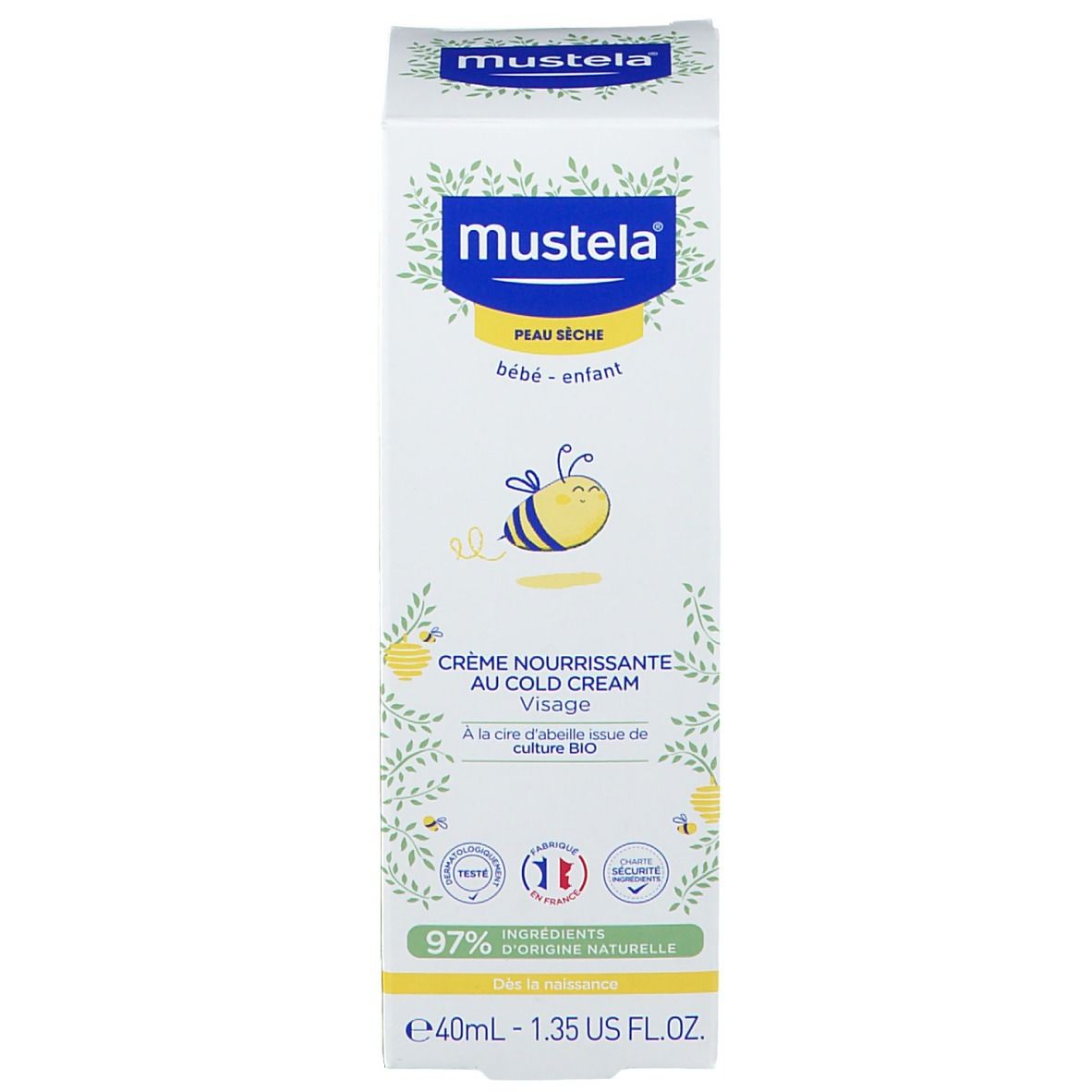 Mustela Creme-Schachtel. Trockene Haut. Baby-Kind. Creme mit Cold Cream. Gelb-weißes Design mit Logo und Illustrationen. 40ml.
