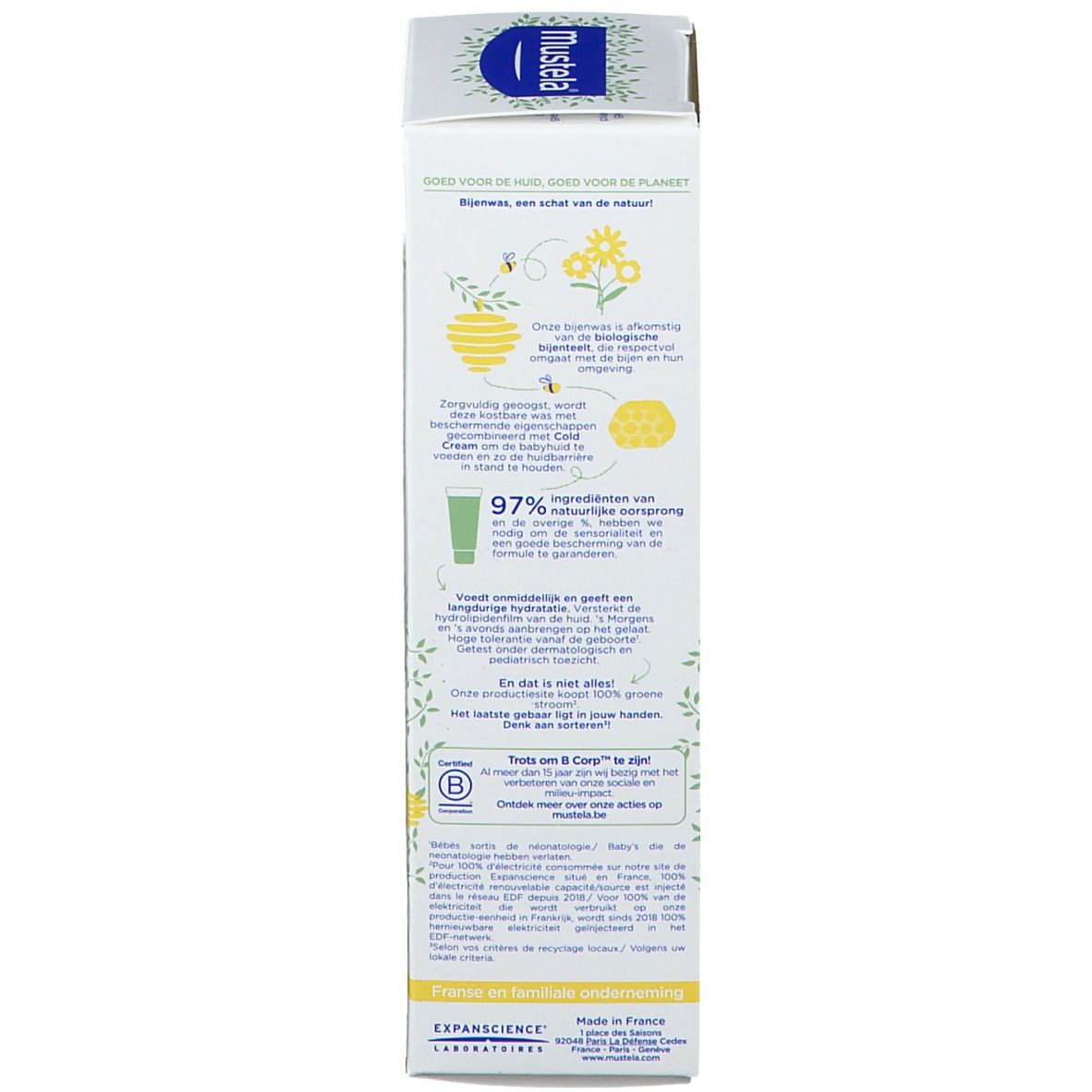 Rückseite der Mustela Creme-Schachtel. Text in mehreren Sprachen. Grün-weißes Design. Informationen über Inhaltsstoffe und Anwendung.