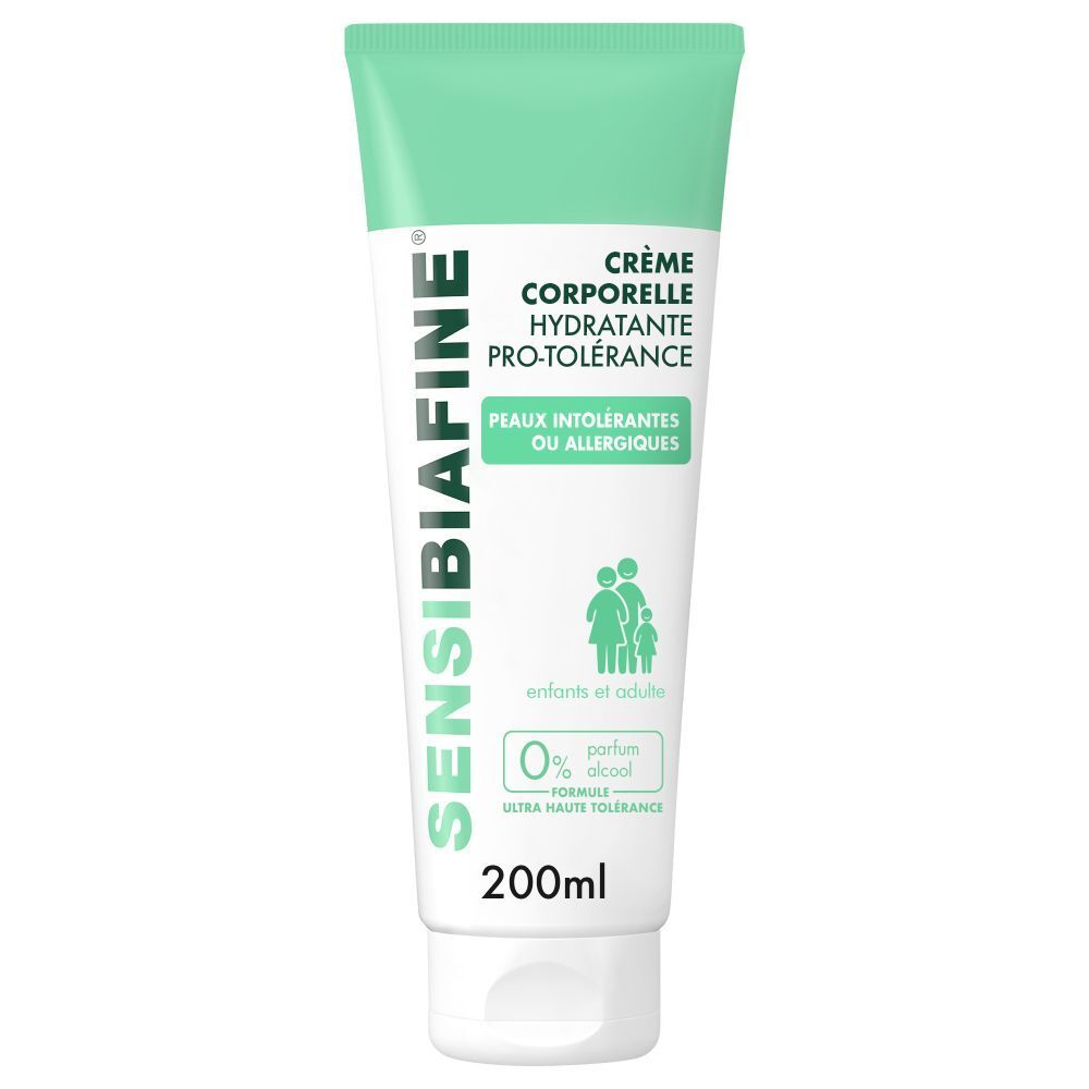 Creme-Tube Sensibiafine® PRO-TOLERANCE. Grün-weiß. Text: Crème corporelle hydratante. Für empfindliche Haut. 200ml.