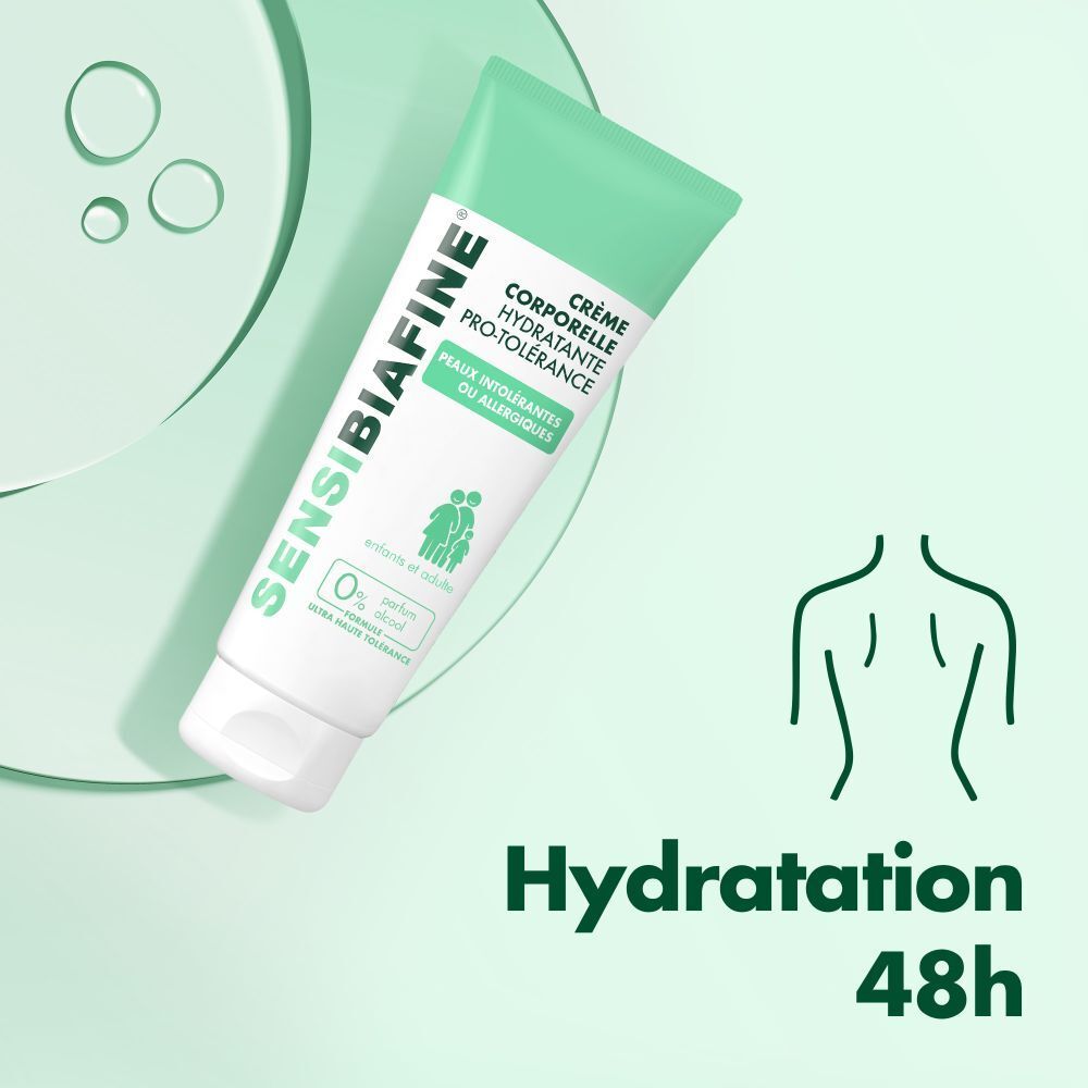 Sensibiafine® PRO-TOLERANCE Creme-Tube. Text: Hydratation 48h. Für empfindliche Haut. Grün-weiß. Hintergrund mit Kreisen.