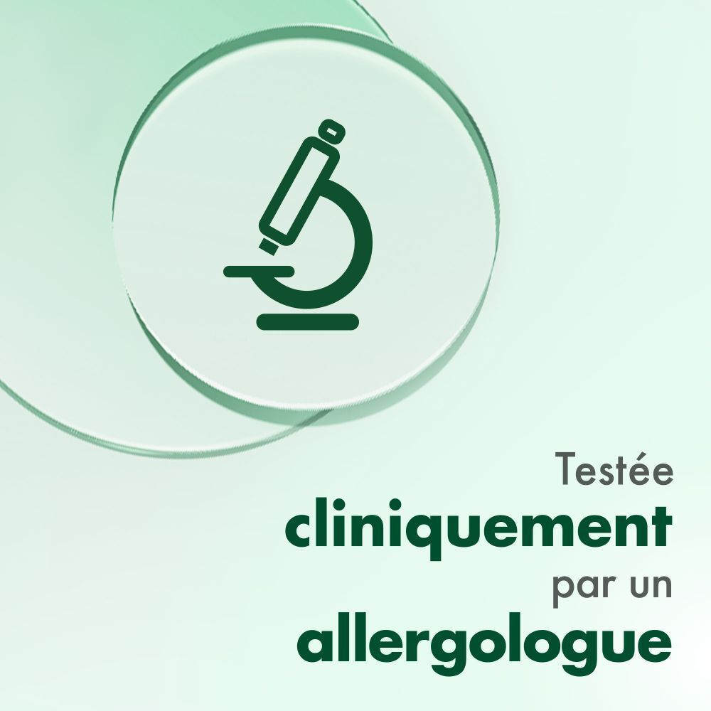 Mikroskop-Symbol. Text: Testée cliniquement par un allergologue.