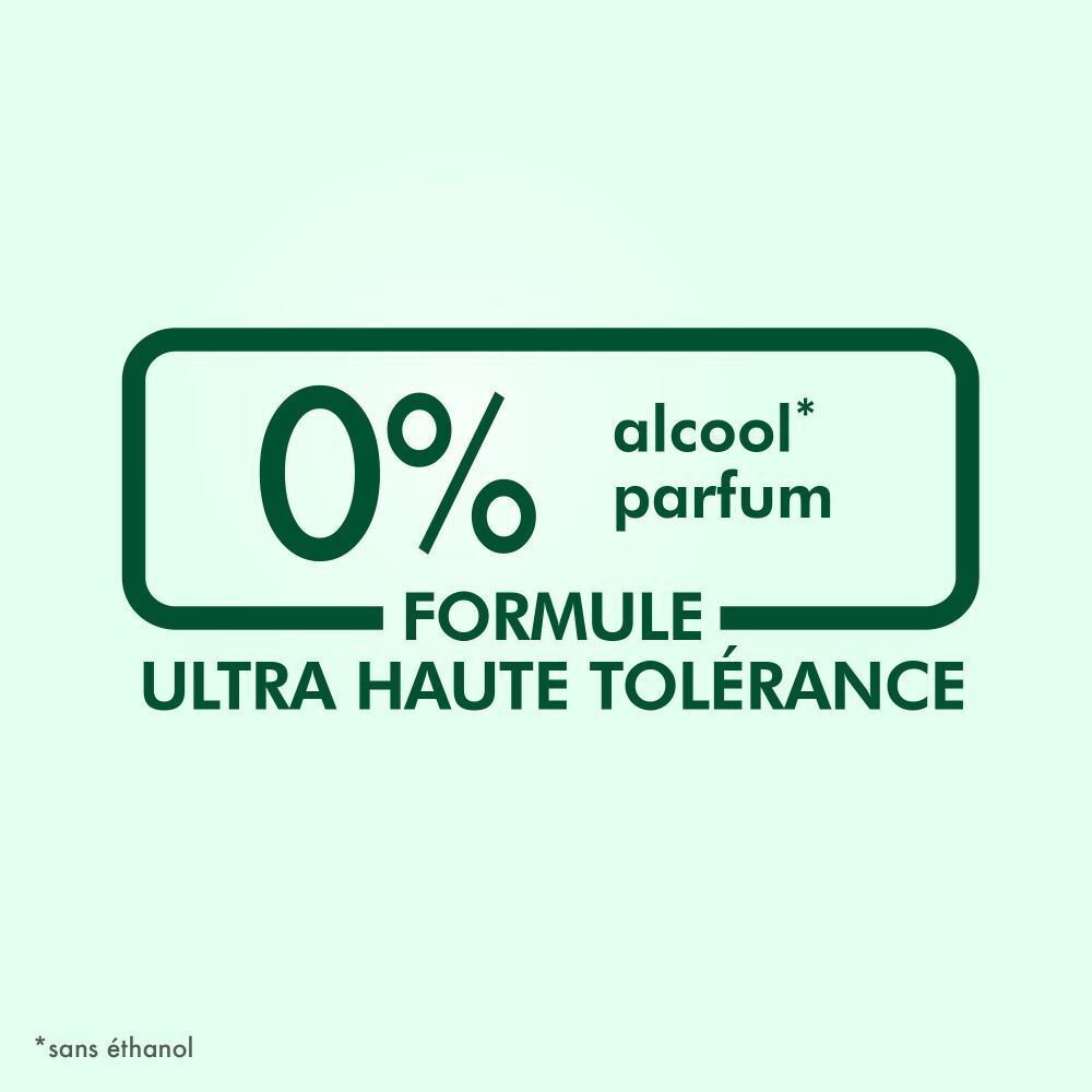 Text: 0% alcool parfum. Formule ultra haute tolérance. Grün-weißer Hintergrund.