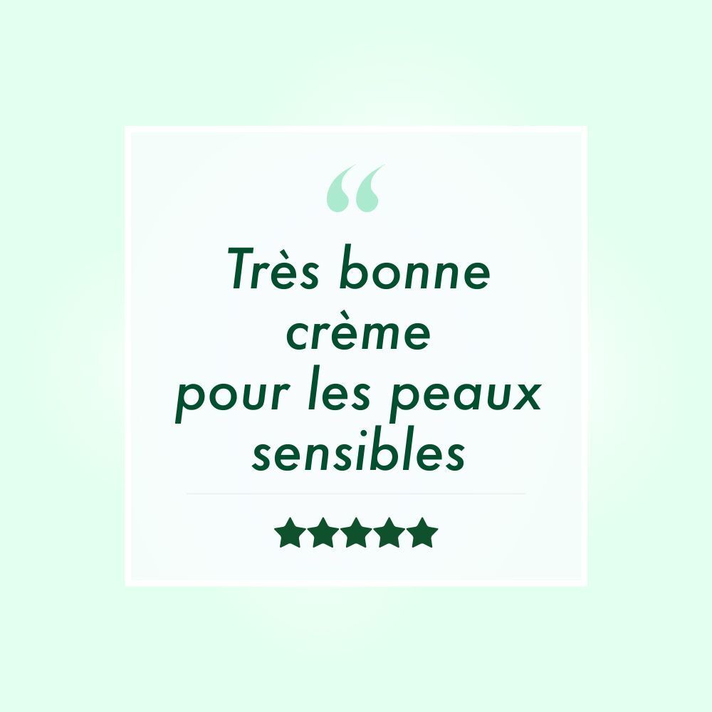 Text: Très bonne crème pour les peaux sensibles. 5 Sterne Bewertung.