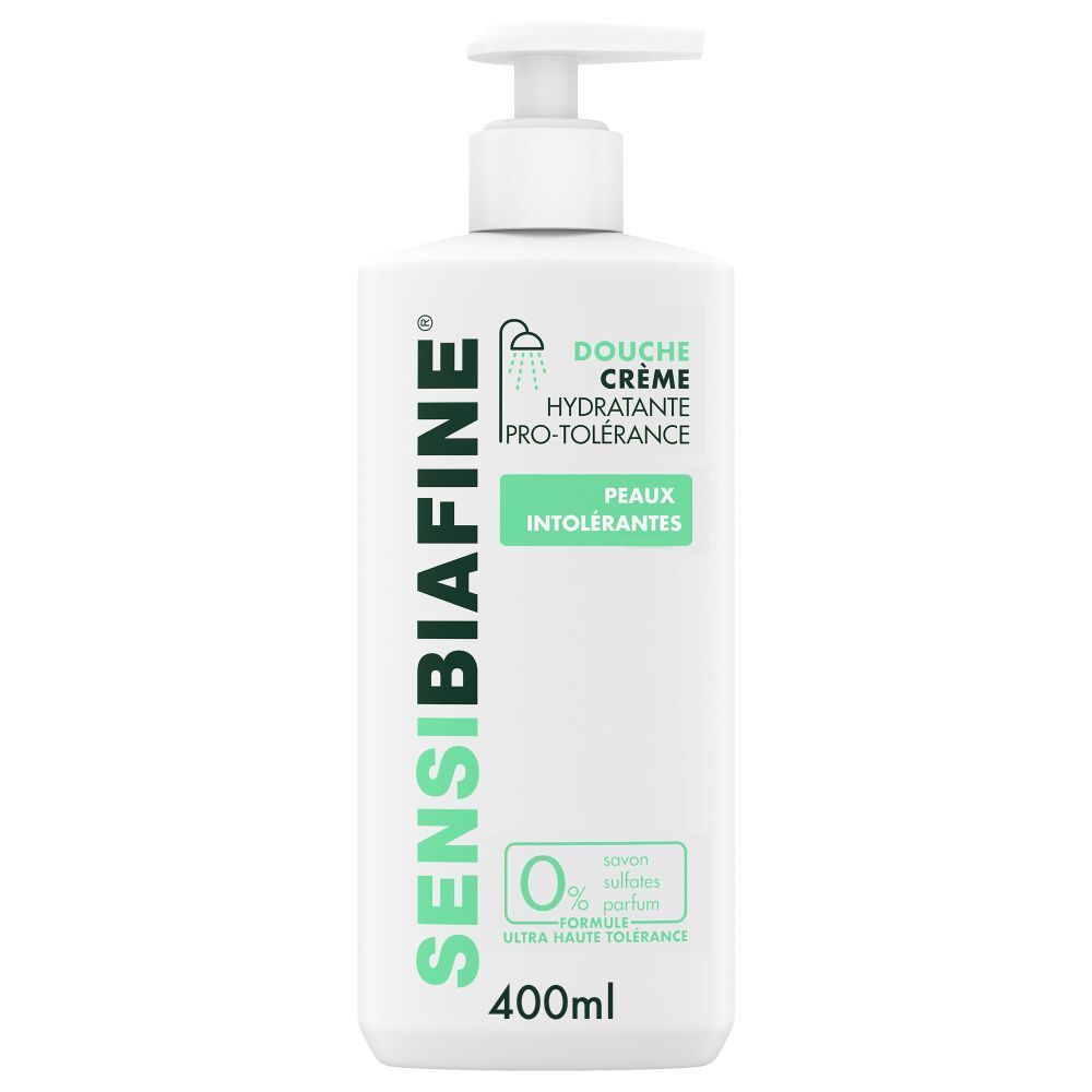Weiße Flasche mit Pumpe. Aufschrift: SENSIBIAFINE, Duschcreme, Hydratante, PRO-TOLERANCE, Peaux Intolérantes. 400ml. 0% Seife, Sulfate, Parfum.