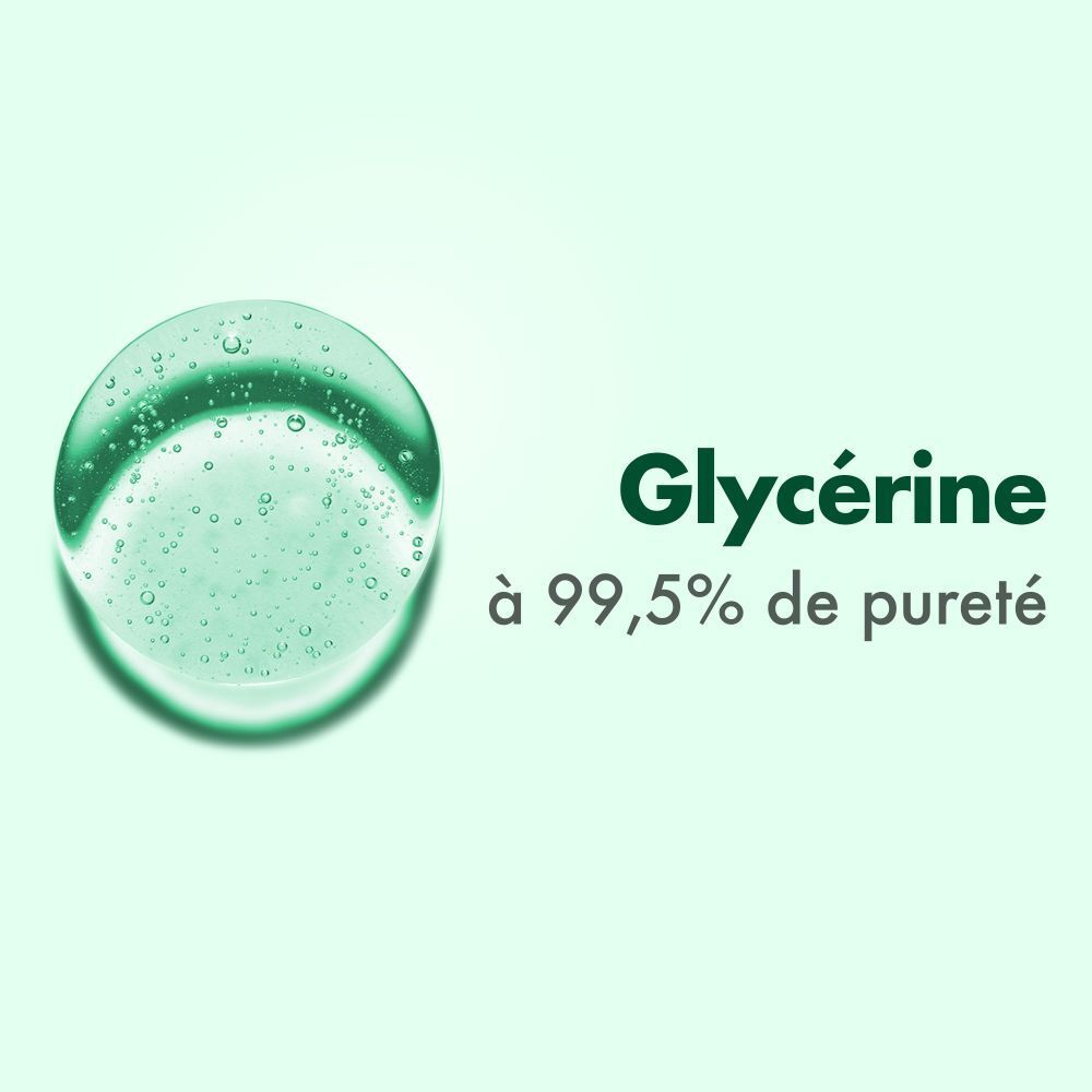 Grüner Tropfen. Text: Glycérine à 99,5% de pureté. Hintergrund: Hellgrün.
