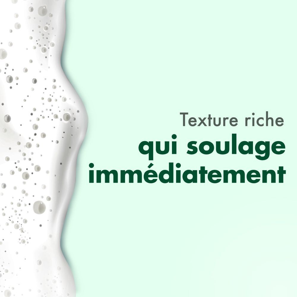 Schaum. Text: Texture riche qui soulage immédiatement. Hintergrund: Hellgrün.