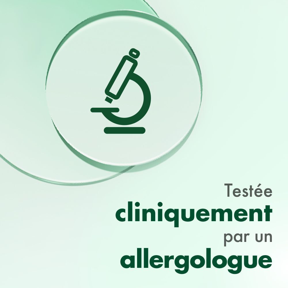 Mikroskop-Symbol. Text: Testée cliniquement par un allergologue. Hintergrund: Hellgrün.