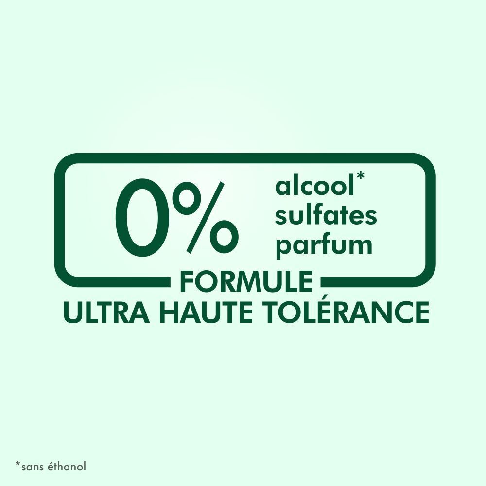 Text: 0% alcool, sulfates, parfum. Formule Ultra Haute Tolérance. Hintergrund: Hellgrün.