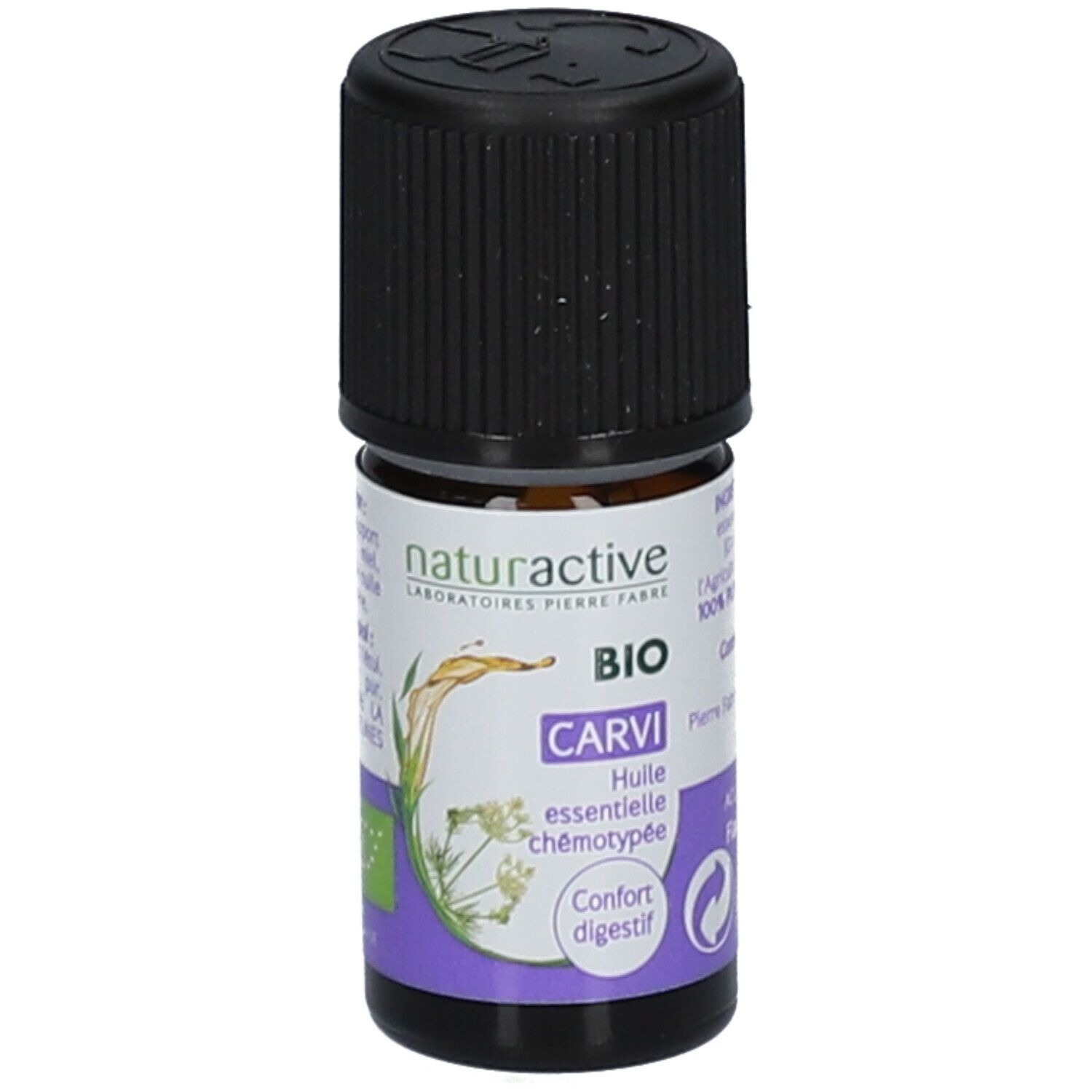 Braune Glasflasche mit schwarzem Deckel. Etikett mit Text und Logo. Produktname: CARVI, BIO.