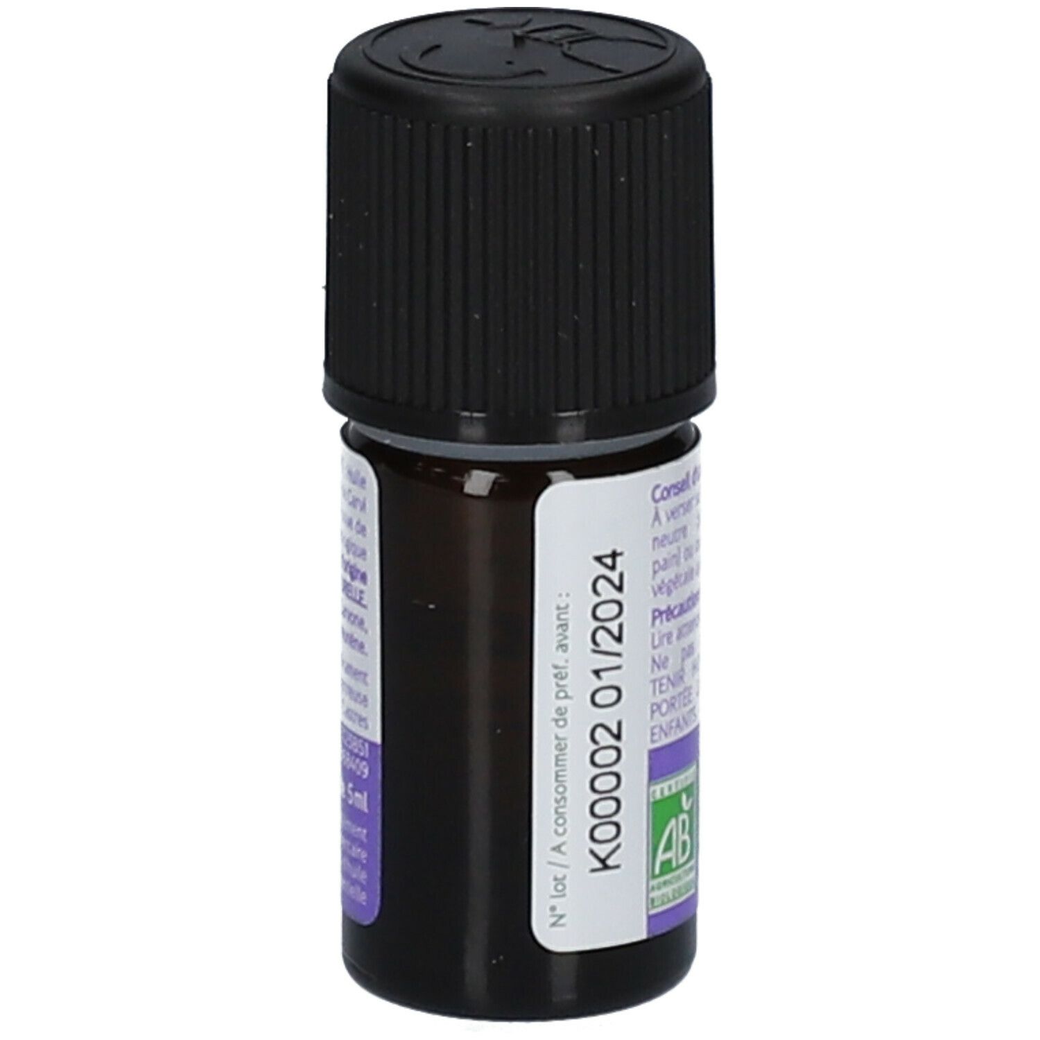 Braune Glasflasche mit schwarzem Deckel. Rückseite mit Text. Haltbarkeit: 01/2024. Zertifizierung AB.