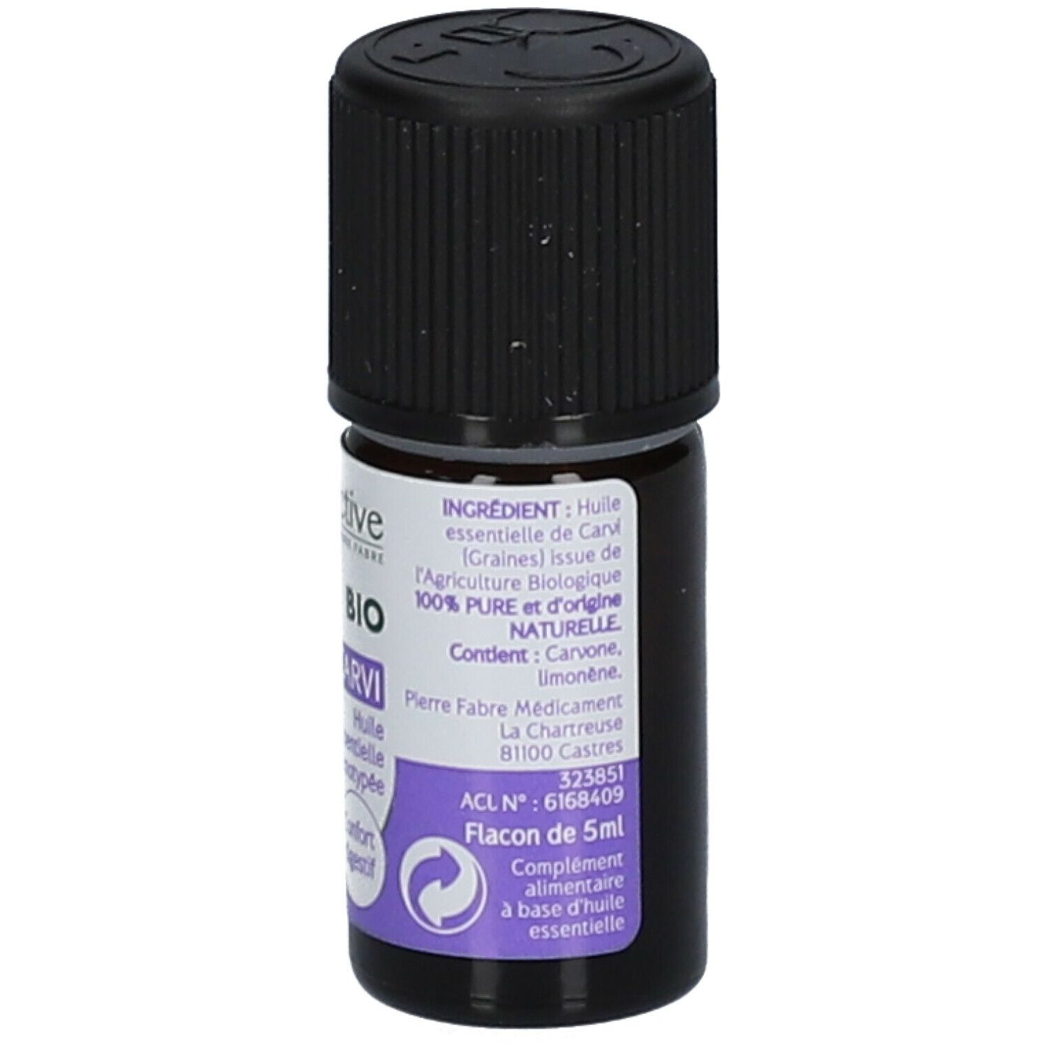 Braune Glasflasche mit schwarzem Deckel. Etikett mit Inhaltsstoffen und Text. Flasche 5ml.