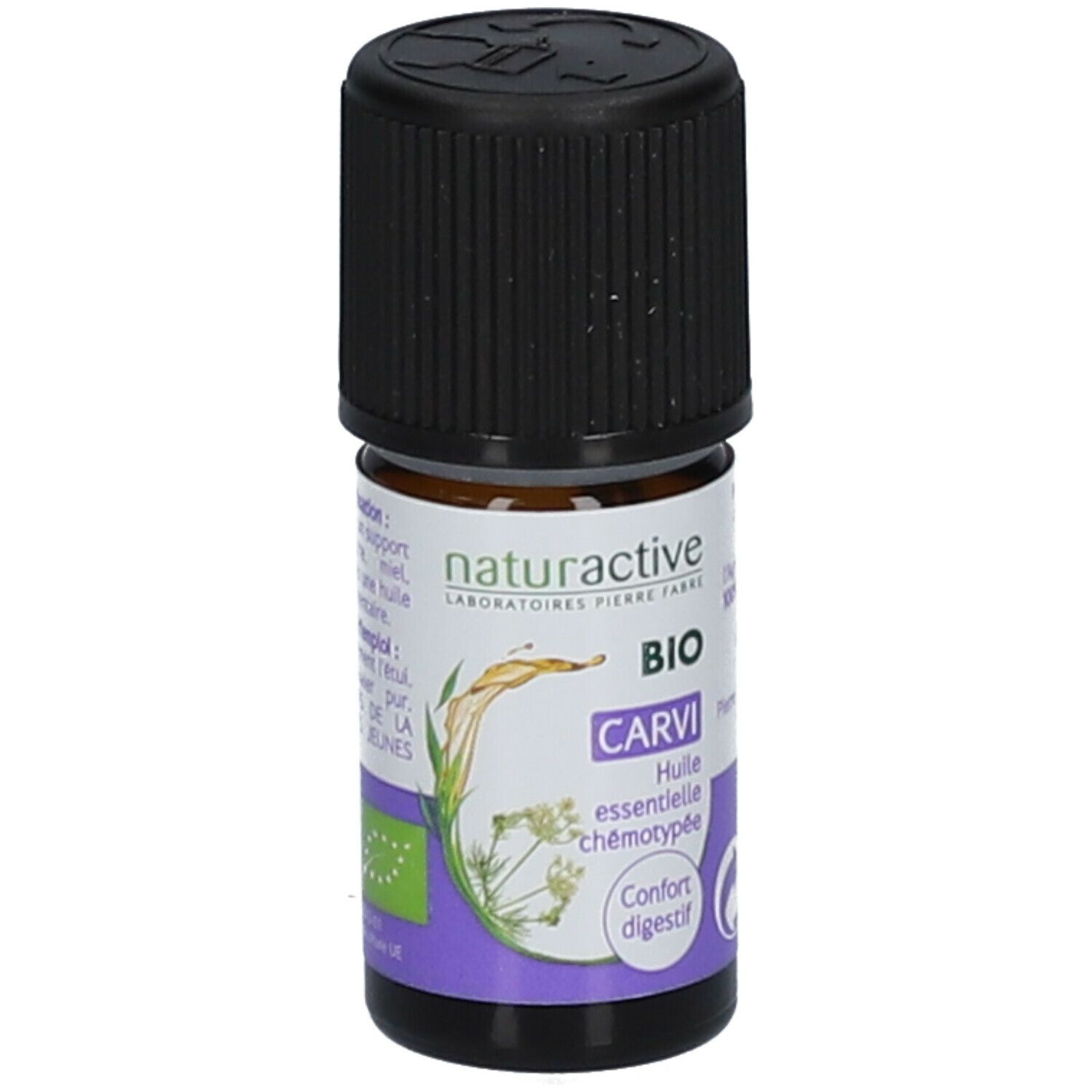 Braune Glasflasche mit schwarzem Deckel. Etikett mit Text und Logo. Produktname: CARVI, BIO.