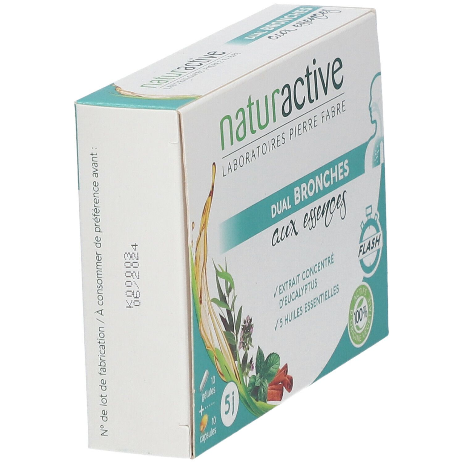 Schachtel naturactive DUAL BRONCHES mit Essenzen. Enthält 10 Kapseln und 10 Gelatinekapseln. Mit Eukalyptus-Extrakt und 5 ätherischen Ölen.