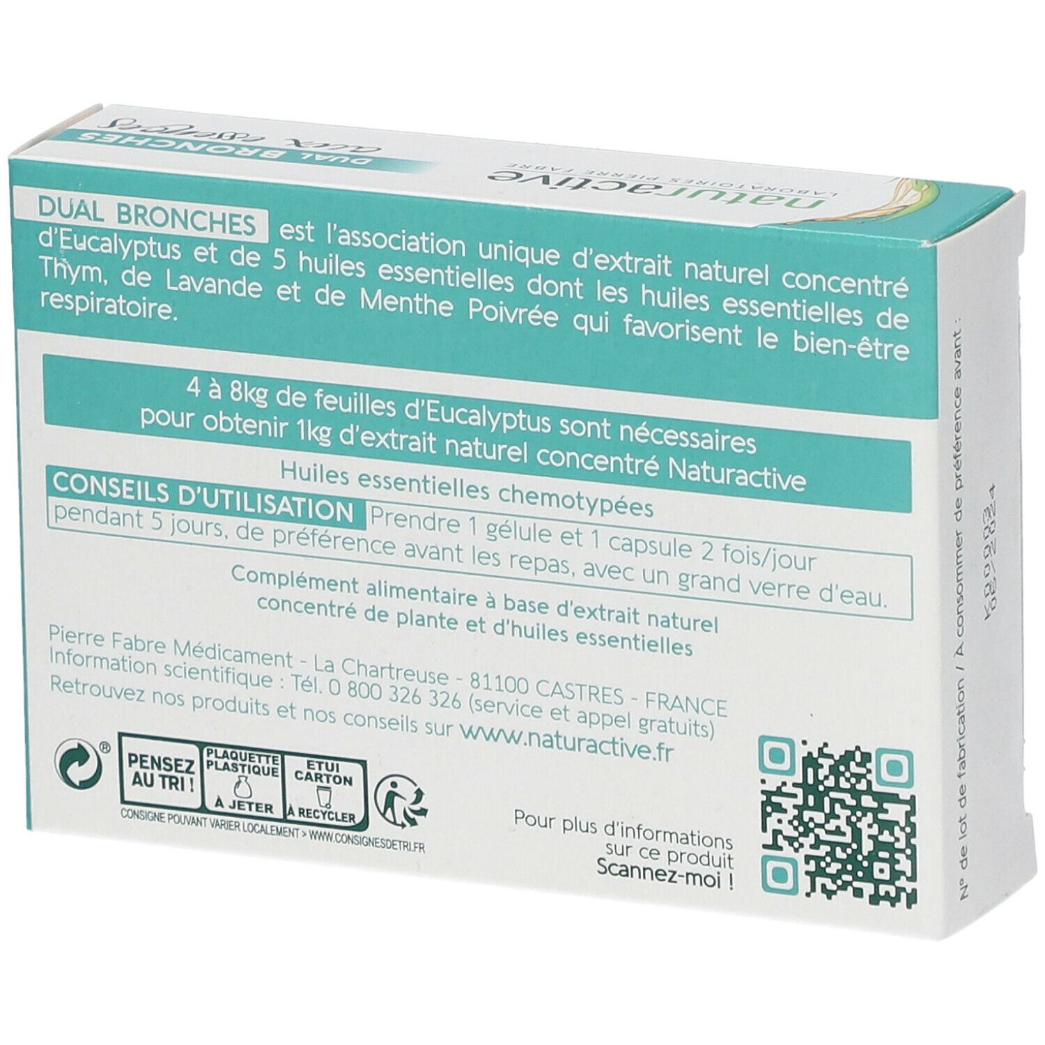 Rückseite der Schachtel naturactive DUAL BRONCHES mit Essenzen. Enthält Informationen zu Inhaltsstoffen und Anwendung.