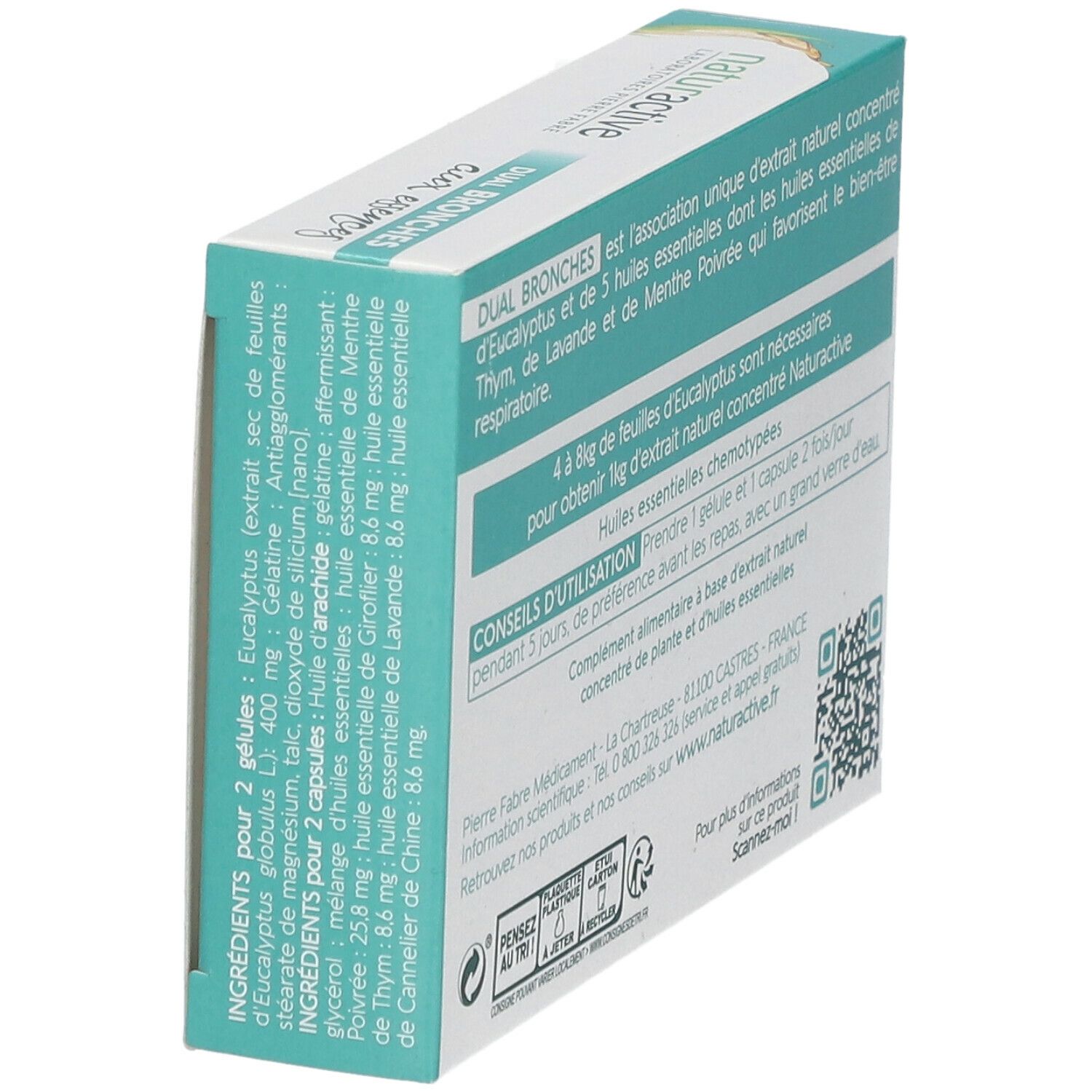 Seitenansicht der Schachtel naturactive DUAL BRONCHES mit Essenzen. Enthält Informationen zu Inhaltsstoffen und Anwendung.