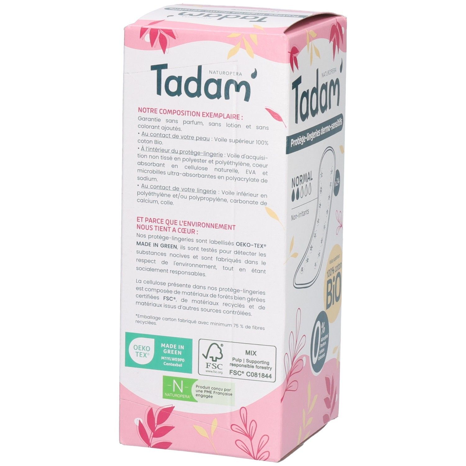 Tadam Damenbindsen, Rückseite der Verpackung mit Produktinformationen und Zertifizierungen.
