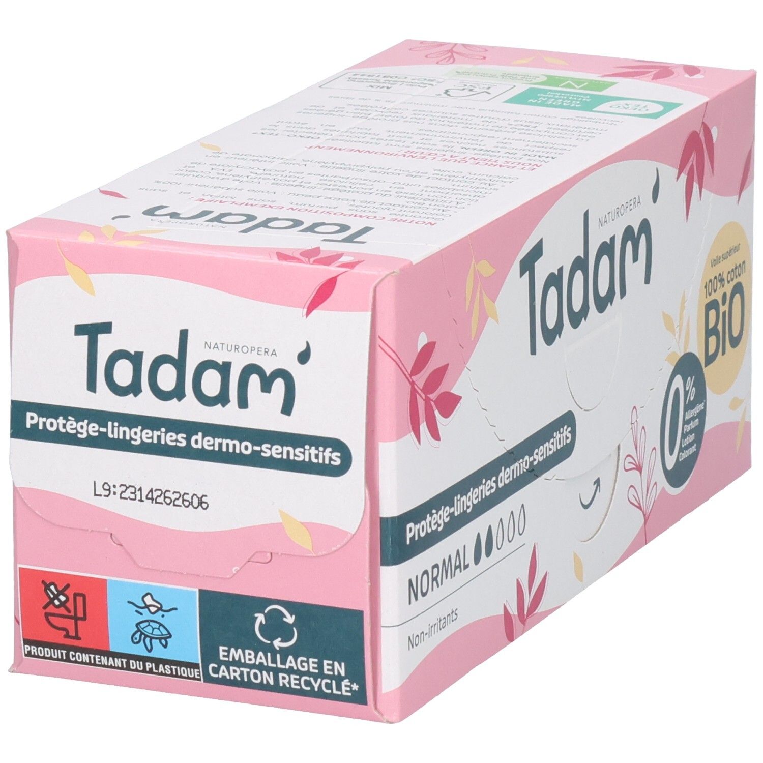 Tadam Damenbindsen, Verpackung mit Symbolen für Recycling und Plastikfreiheit.