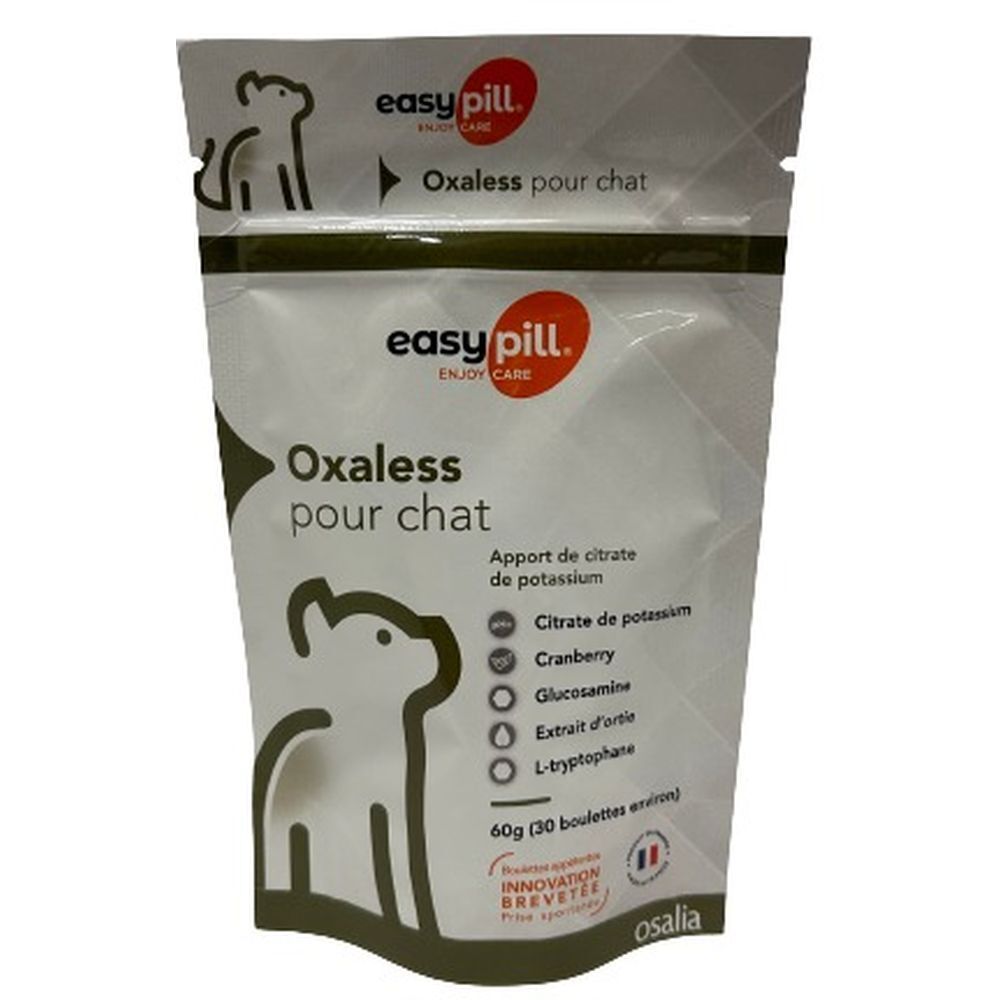 Sachet de produit avec nom et ingrédients. Marque : easy pill. Texte : Oxaless pour chat. Contient citrate, cranberry, glucosamine.
