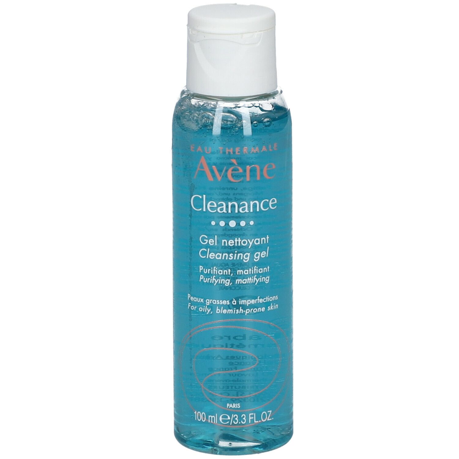 Blau-transparente Flasche mit weißem Deckel. Aufschrift: Avène Cleanance Reinigungsgel. 100 ml.