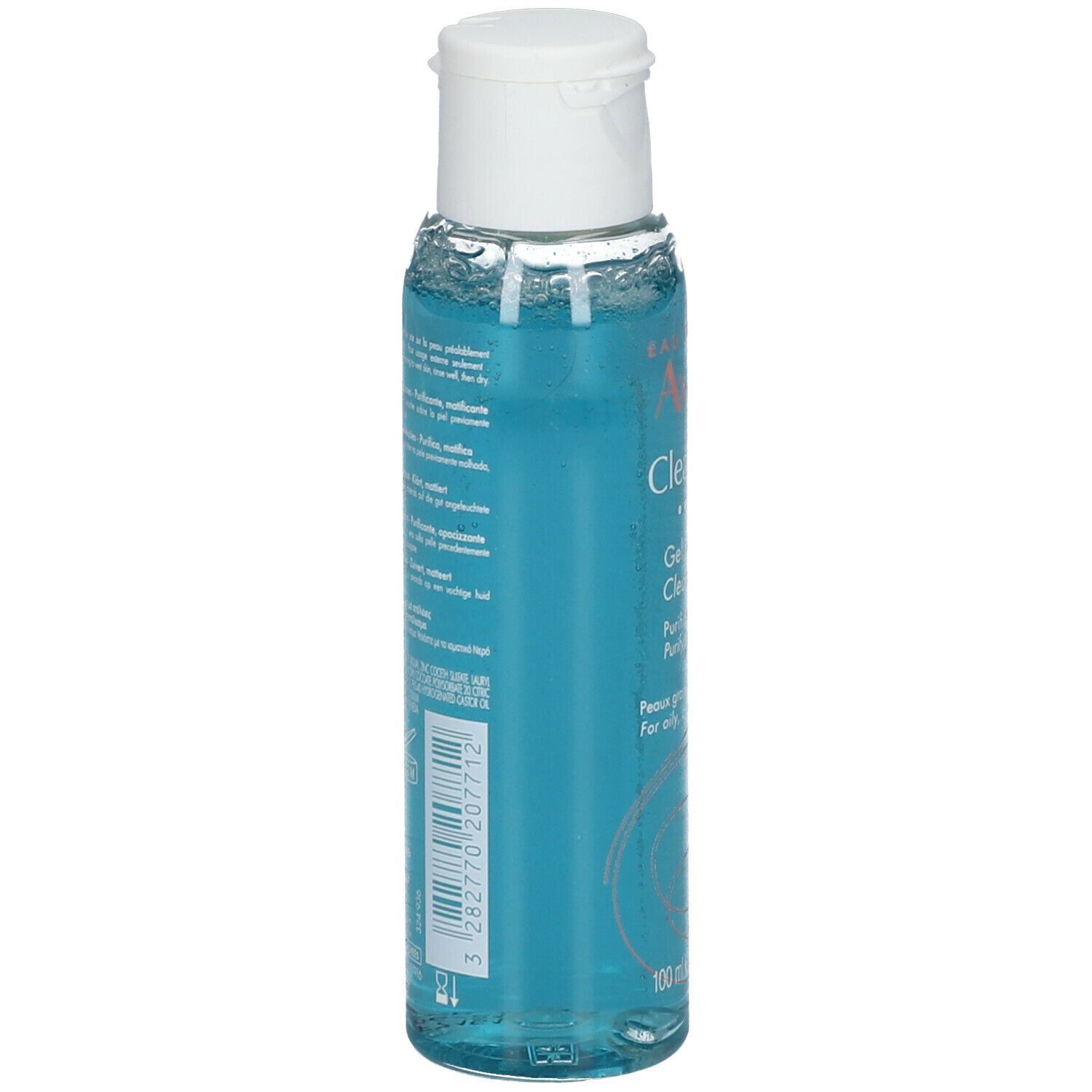 Seitenansicht einer blau-transparenten Flasche mit weißem Deckel. Text in mehreren Sprachen.